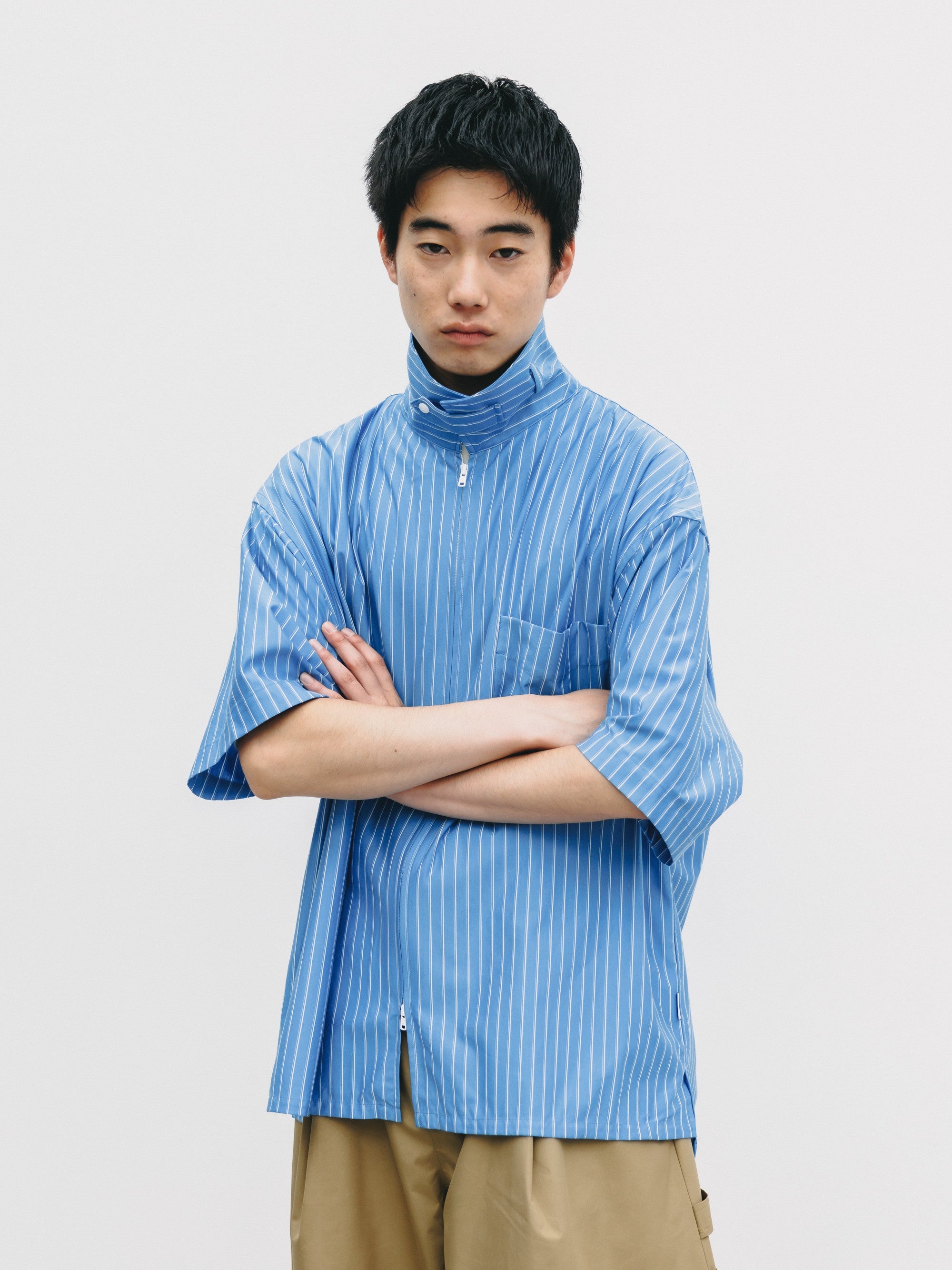 【6.27 SAT 20:00- IN STOCK】THICK/THIN STRIPE 46G KNIT EVERYDAY ZIP UP S/S SHIRT (SAX BLUE STRIPE)