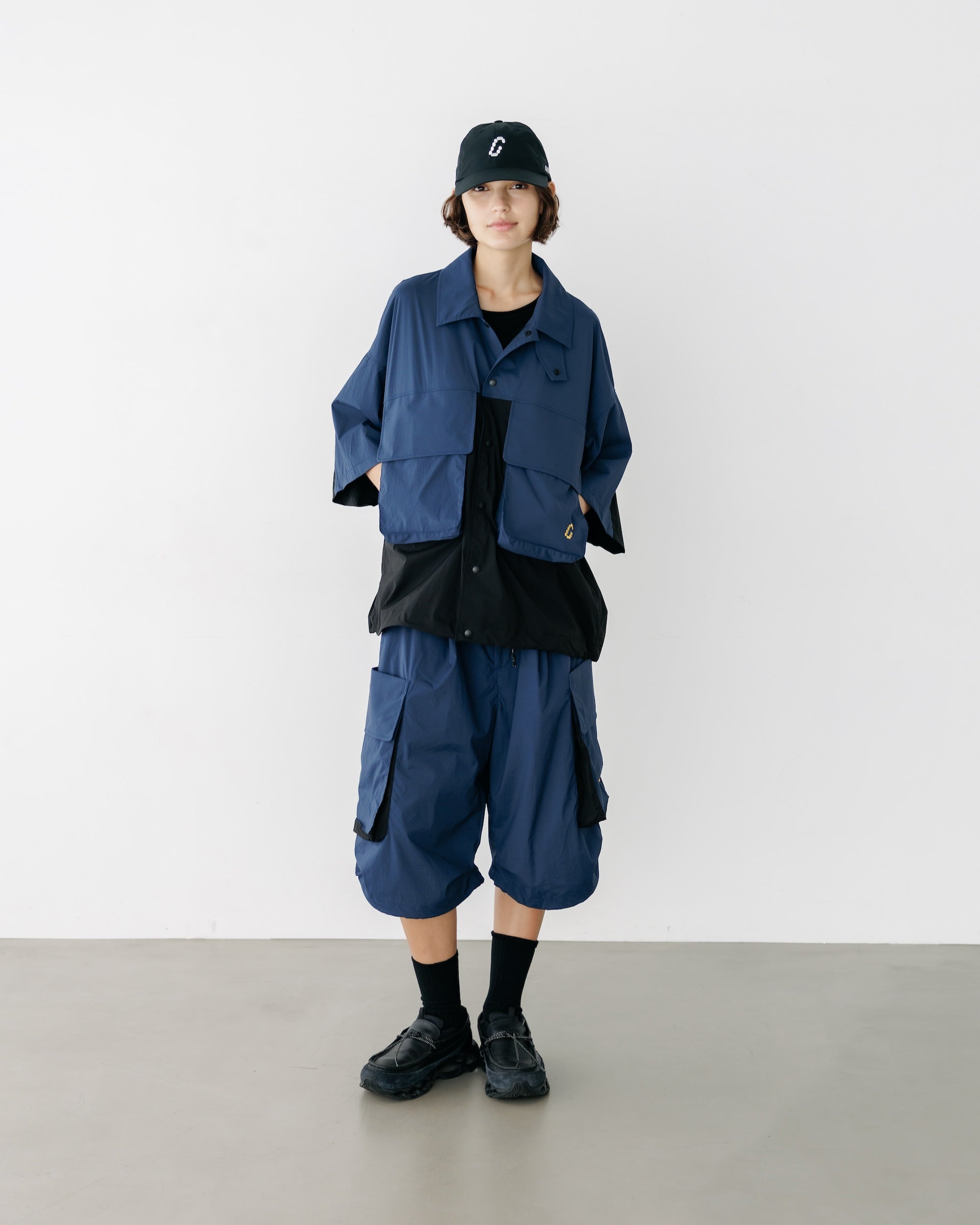 CRISPY NYLON CITY UNIFORM MILITARY HALF PANTS (NAVY×BLACK)
