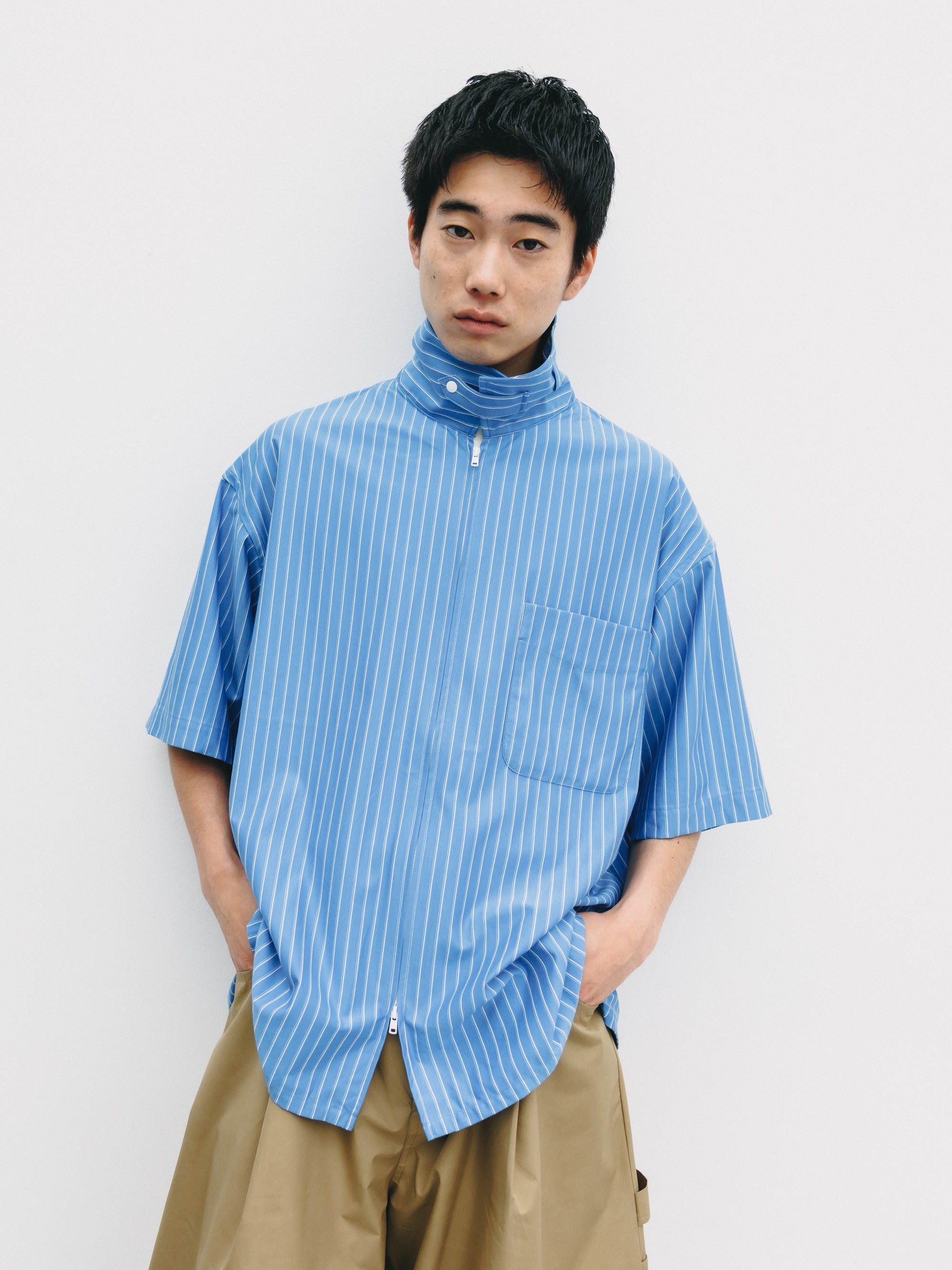【6.27 SAT 20:00- IN STOCK】THICK/THIN STRIPE 46G KNIT EVERYDAY ZIP UP S/S SHIRT (SAX BLUE STRIPE)