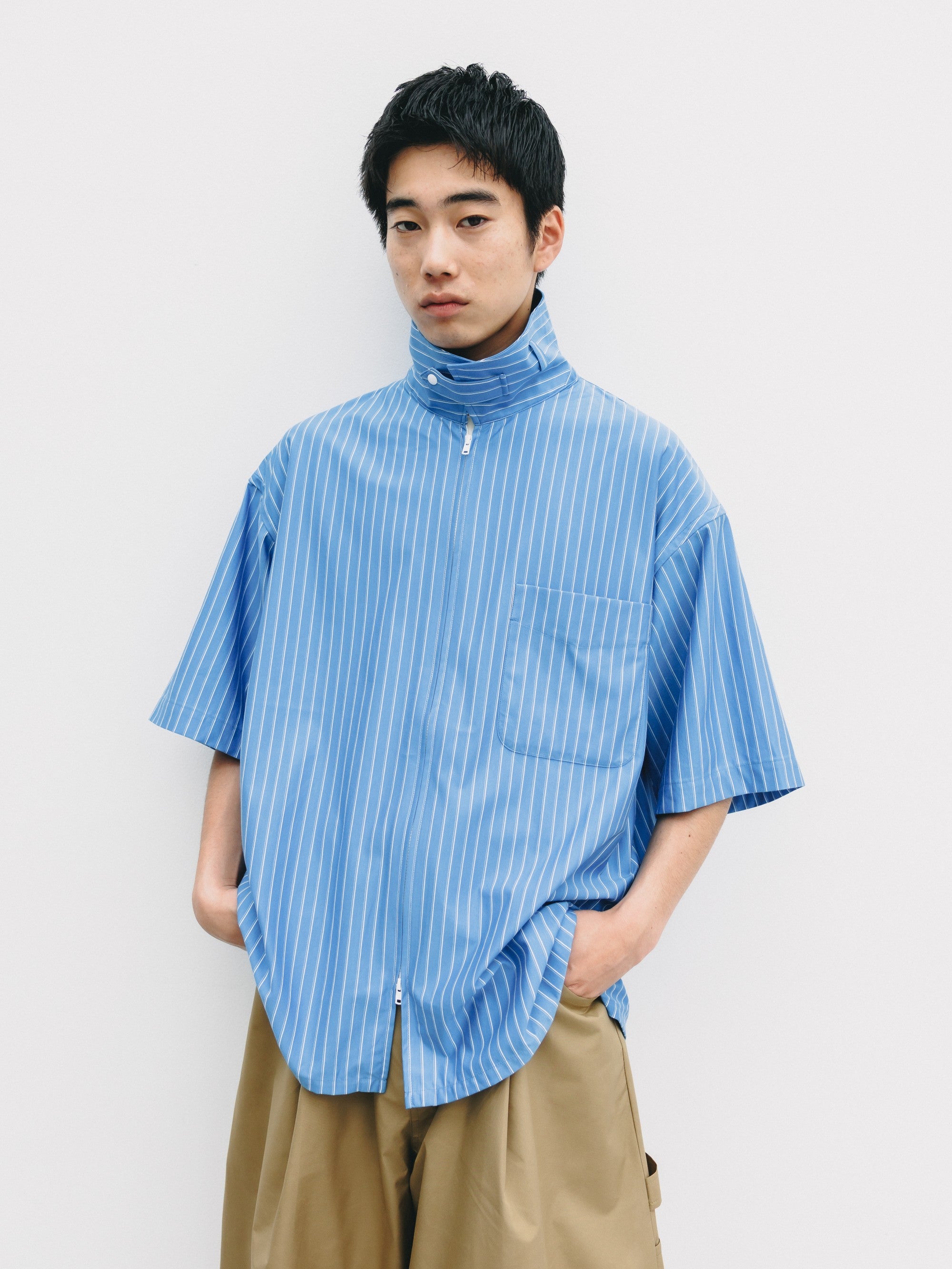 【6.27 SAT 20:00- IN STOCK】THICK/THIN STRIPE 46G KNIT EVERYDAY ZIP UP S/S SHIRT (SAX BLUE STRIPE)