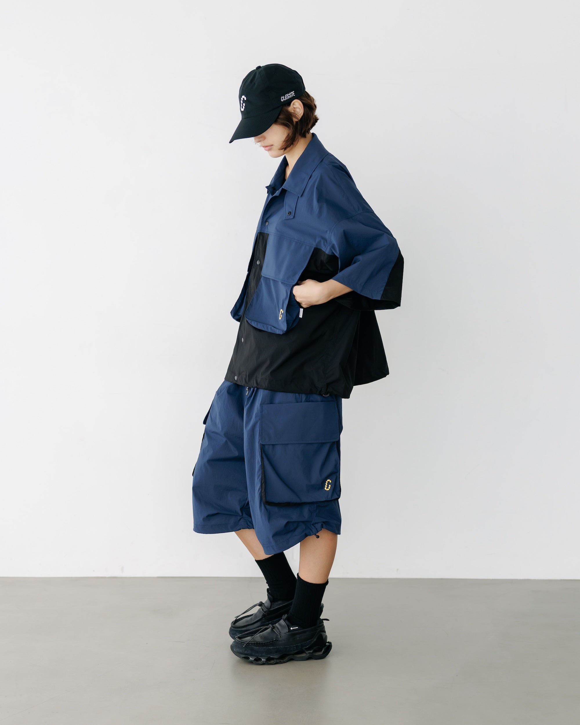 CRISPY NYLON CITY UNIFORM MILITARY HALF PANTS (NAVY×BLACK)