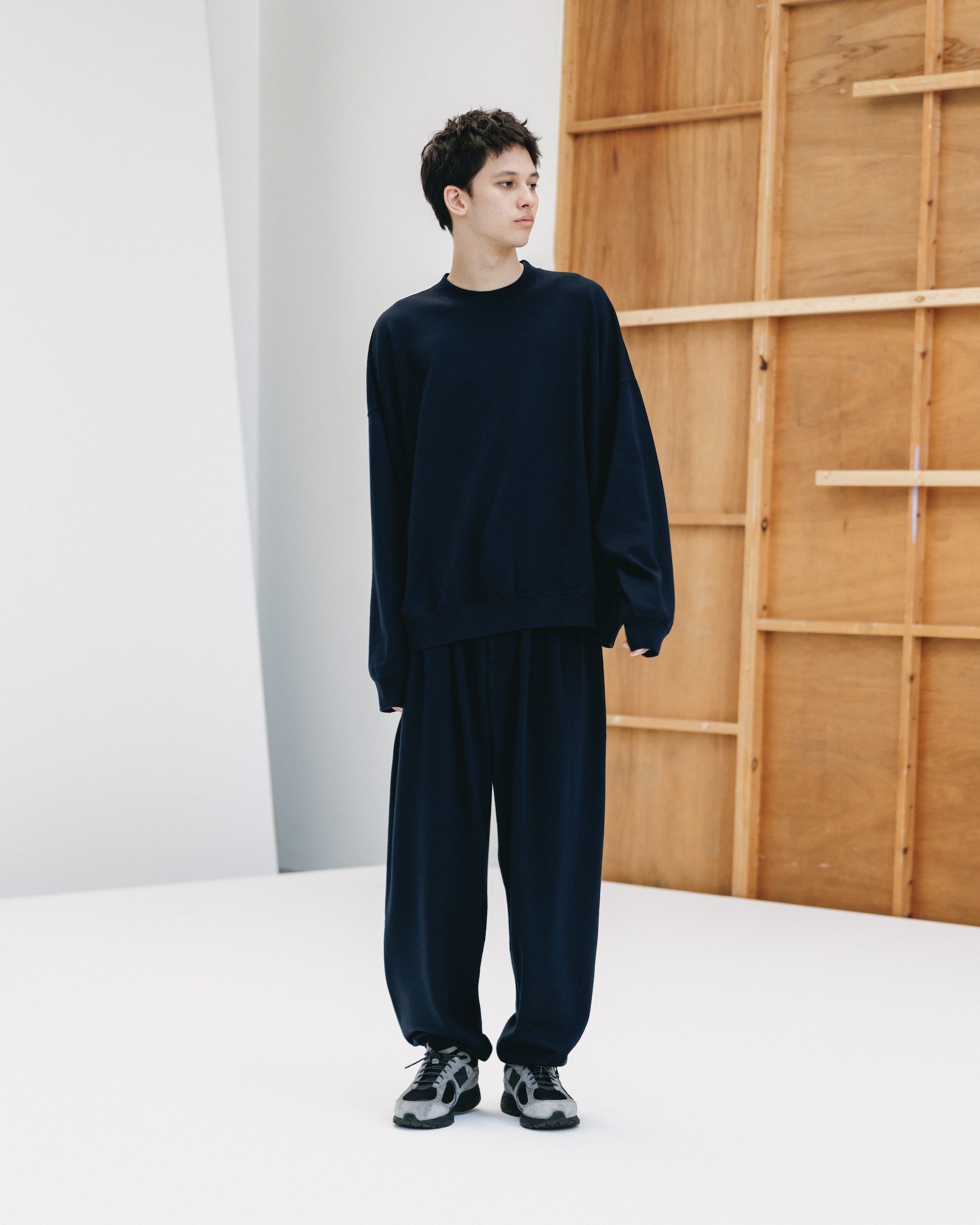 WOOL SWEAT WIDE TAPERED PANTS (NAVY)