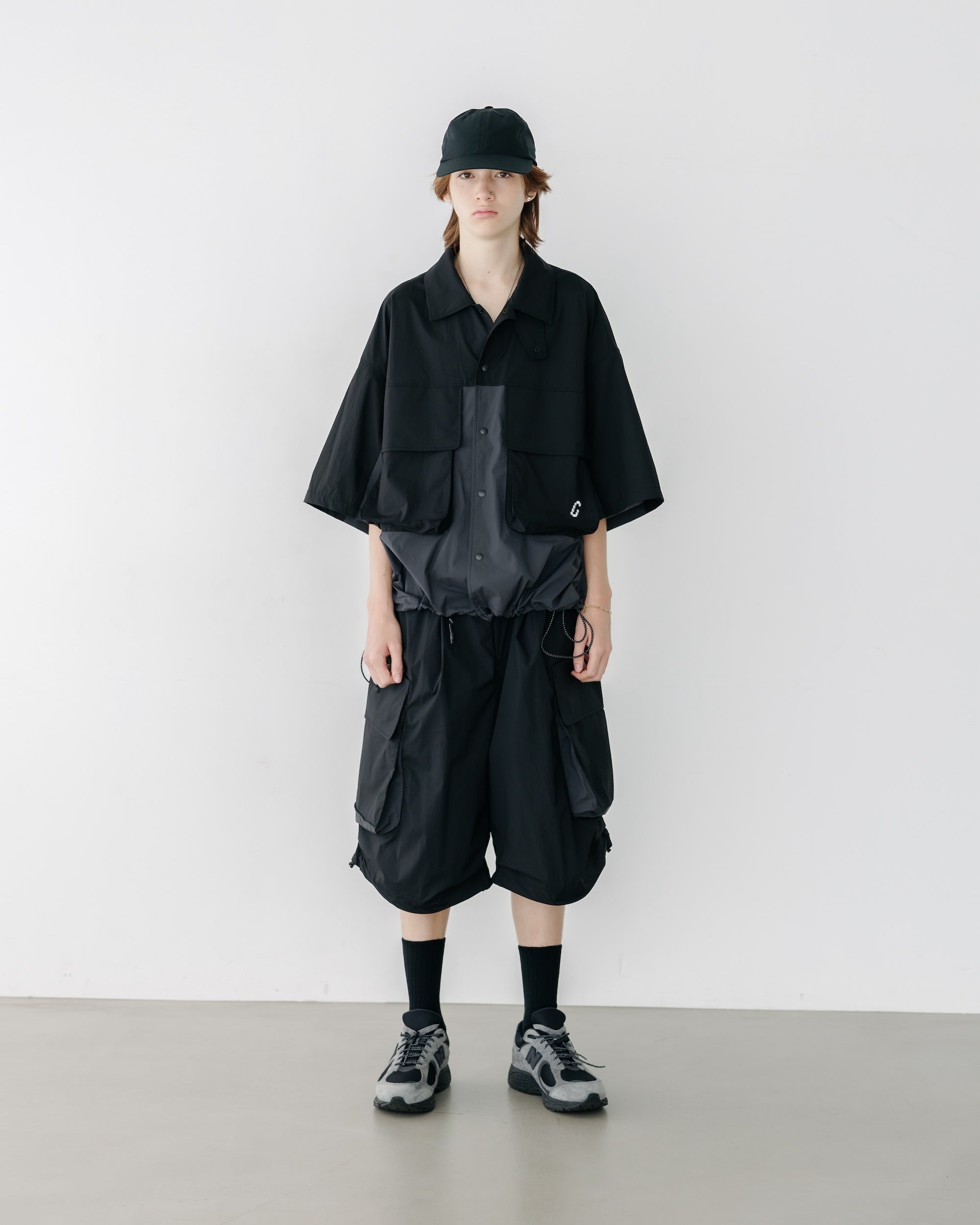CRISPY NYLON CITY UNIFORM MILITARY HALF PANTS (BLACK×GRAY)