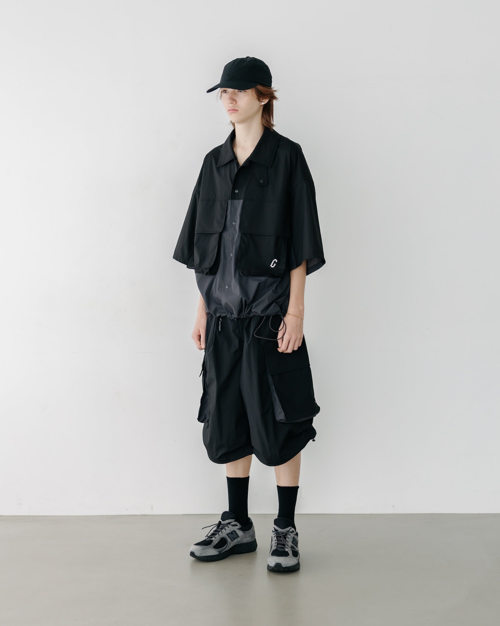 CRISPY NYLON CITY UNIFORM MILITARY HALF PANTS (BLACK×GRAY)