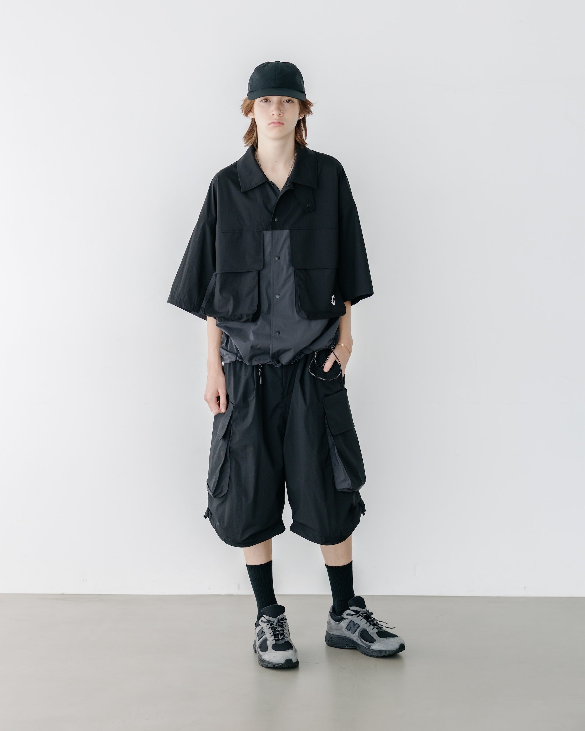 CRISPY NYLON CITY UNIFORM MILITARY HALF PANTS (BLACK×GRAY)