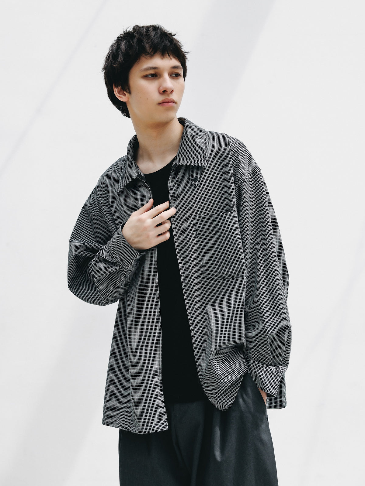 【10.24 SAT 20:00- IN STOCK】 MINI GRID CHECK 36G KNIT EVERYDAY ZIP UP L/S SHIRT (BLACK×WHITE)