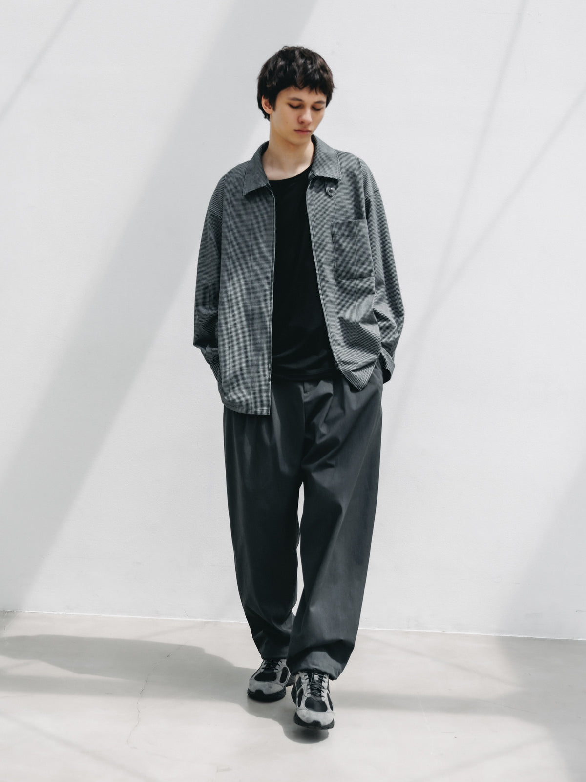 【10.24 SAT 20:00- IN STOCK】 MINI GRID CHECK 36G KNIT EVERYDAY ZIP UP L/S SHIRT (BLACK×WHITE)