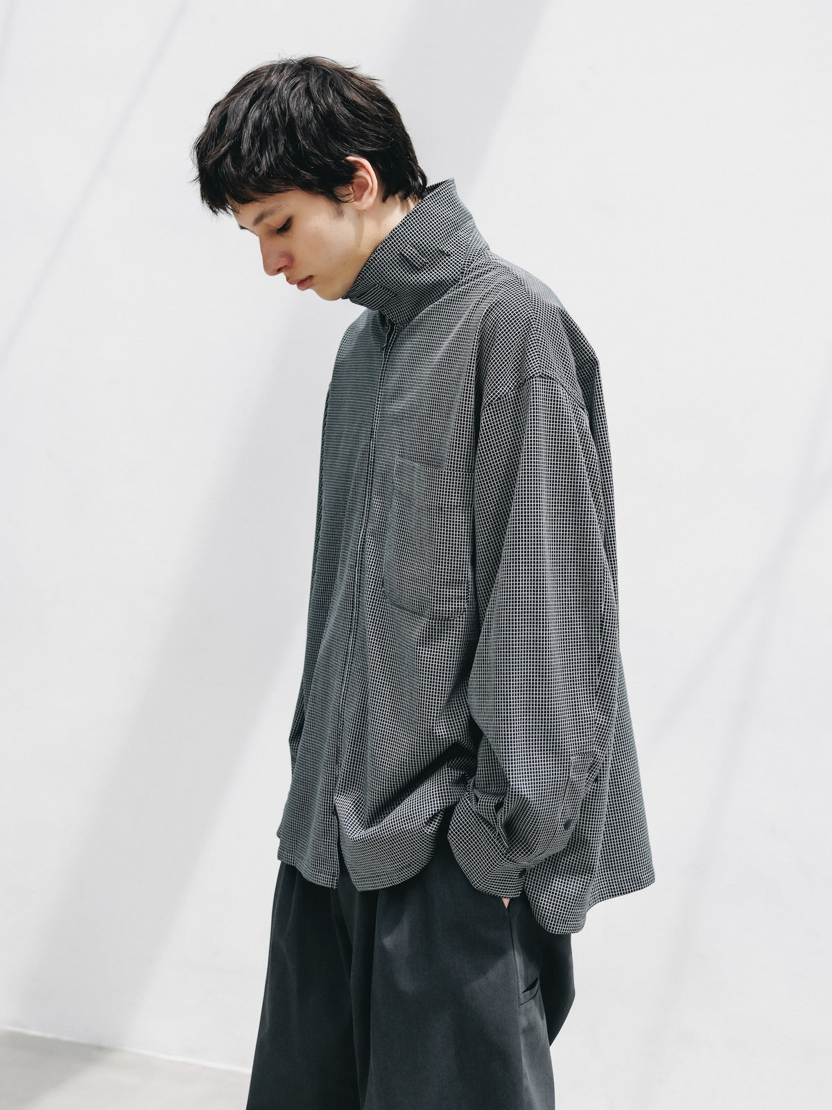 【10.24 SAT 20:00- IN STOCK】 MINI GRID CHECK 36G KNIT EVERYDAY ZIP UP L/S SHIRT (BLACK×WHITE)