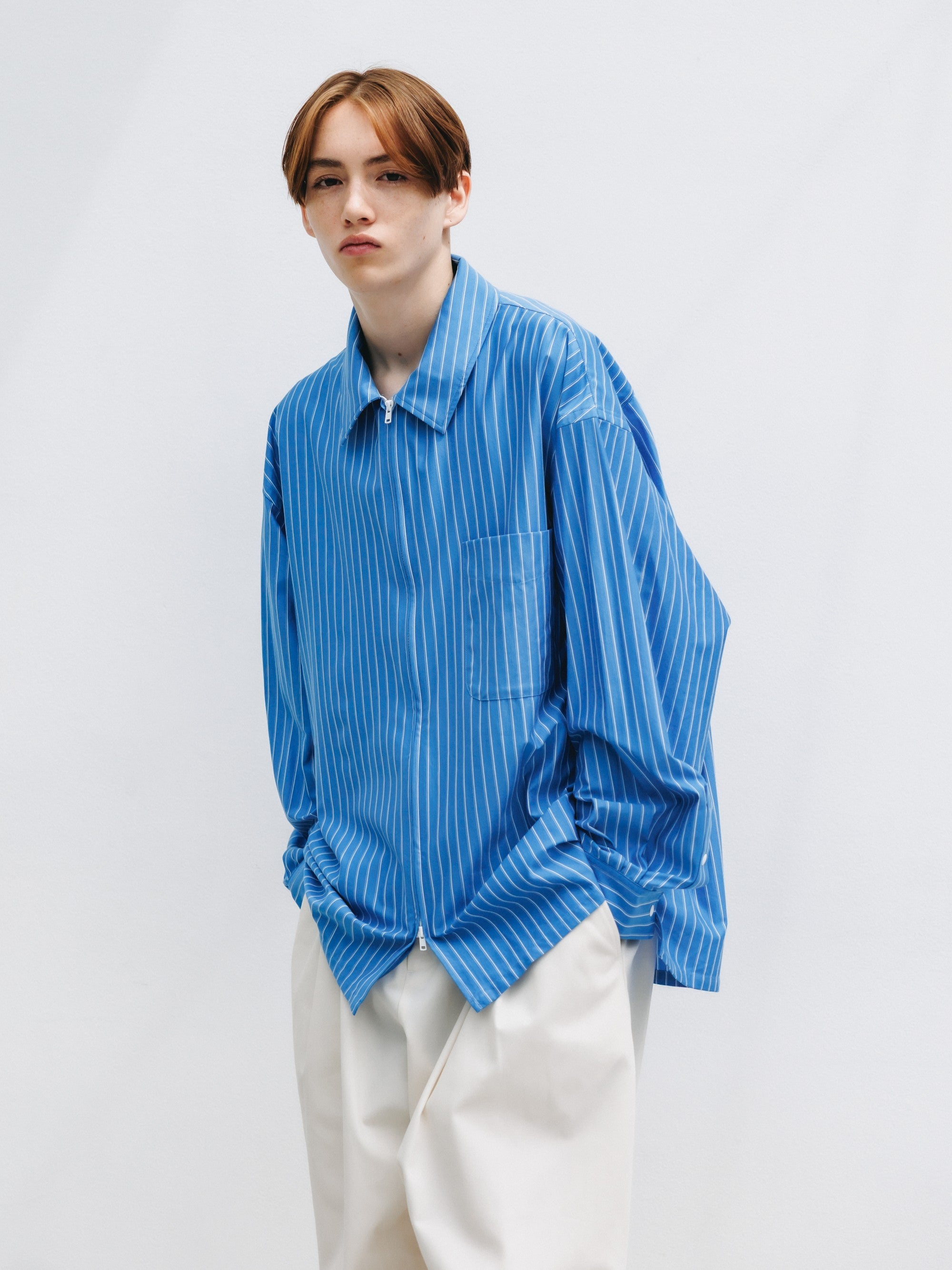 【5.30 SAT 20:00- IN STOCK】THICK/THIN STRIPE 46G KNIT EVERYDAY ZIP UP L/S SHIRT (SAX BLUE STRIPE)