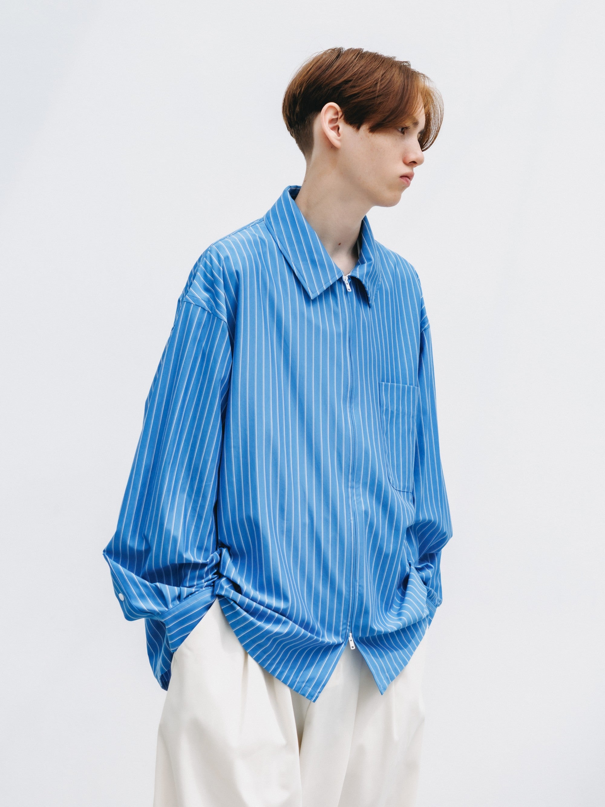 【5.30 SAT 20:00- IN STOCK】THICK/THIN STRIPE 46G KNIT EVERYDAY ZIP UP L/S SHIRT (SAX BLUE STRIPE)