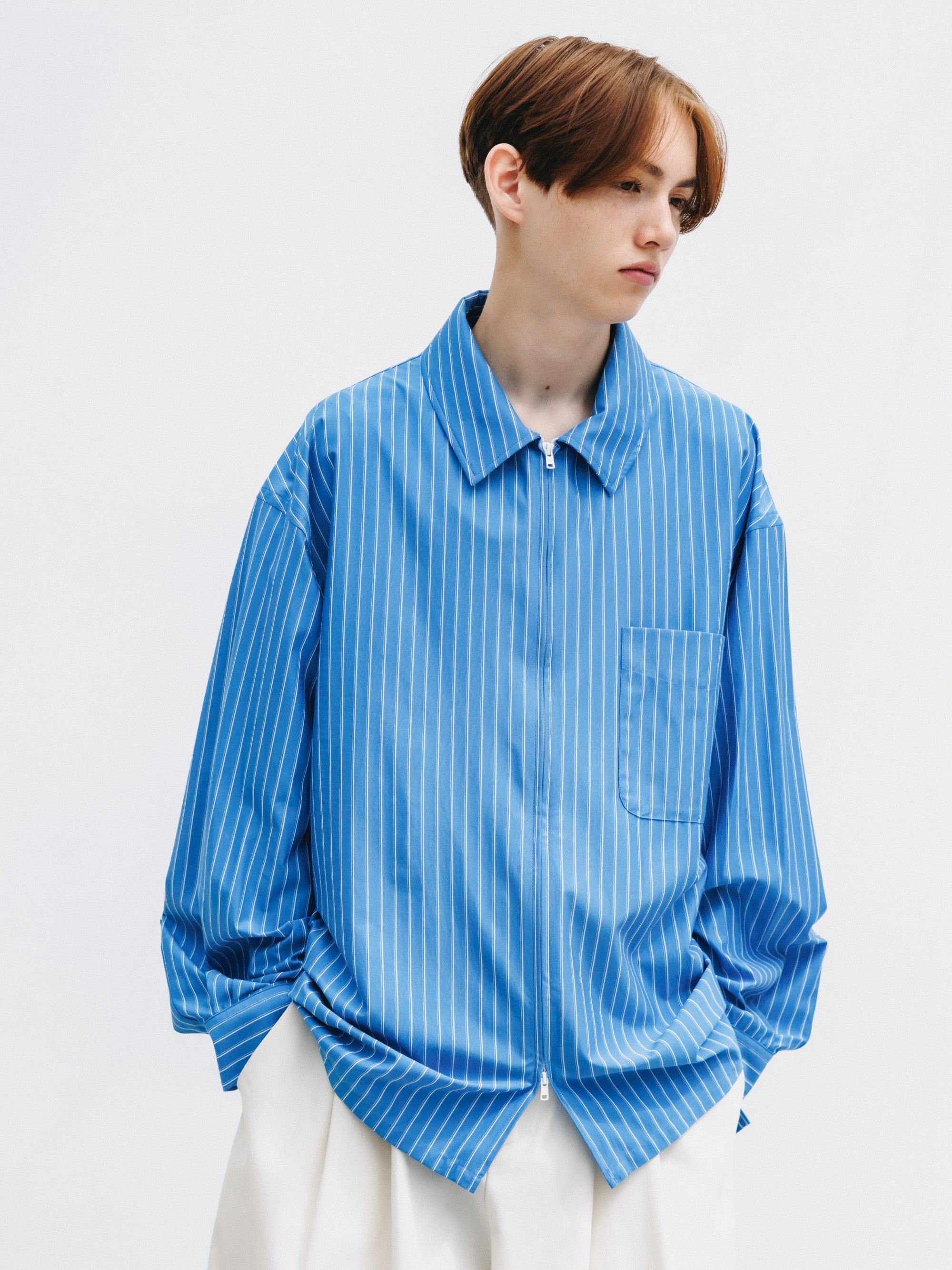 【5.30 SAT 20:00- IN STOCK】THICK/THIN STRIPE 46G KNIT EVERYDAY ZIP UP L/S SHIRT (SAX BLUE STRIPE)