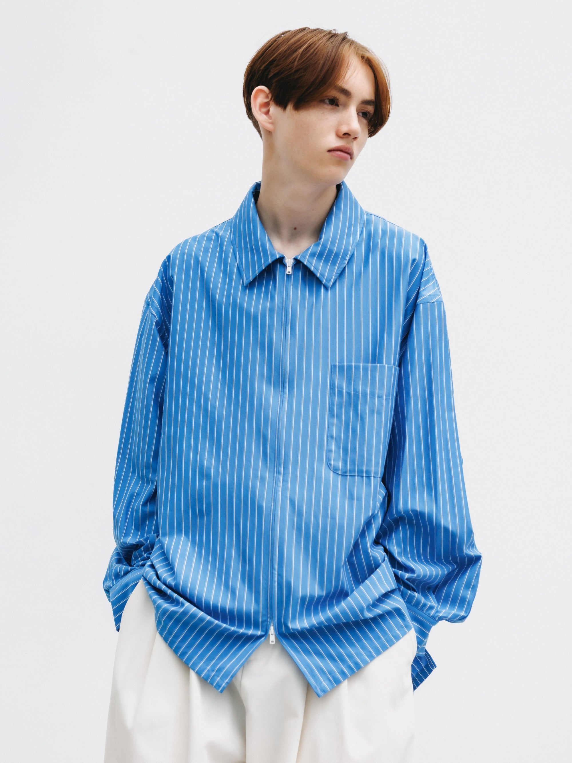 THICK/THIN STRIPE 46G KNIT EVERYDAY ZIP UP L/S SHIRT (SAX BLUE STRIPE)