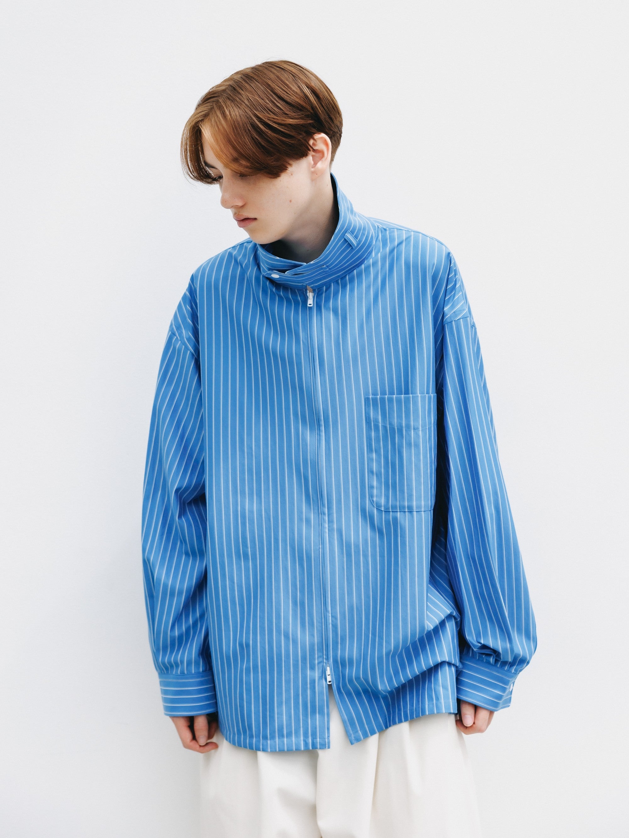 【5.30 SAT 20:00- IN STOCK】THICK/THIN STRIPE 46G KNIT EVERYDAY ZIP UP L/S SHIRT (SAX BLUE STRIPE)