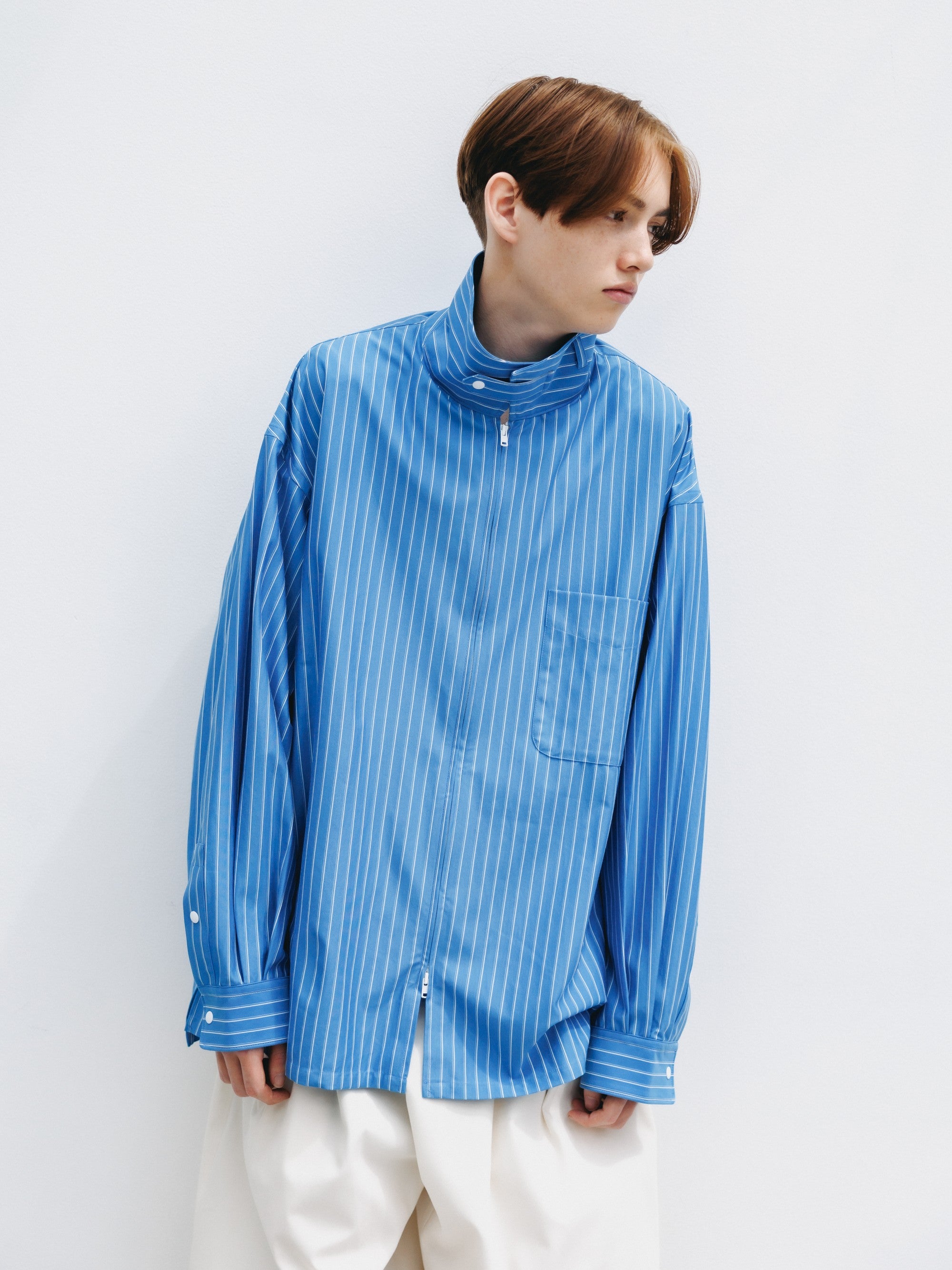 THICK/THIN STRIPE 46G KNIT EVERYDAY ZIP UP L/S SHIRT (SAX BLUE STRIPE)