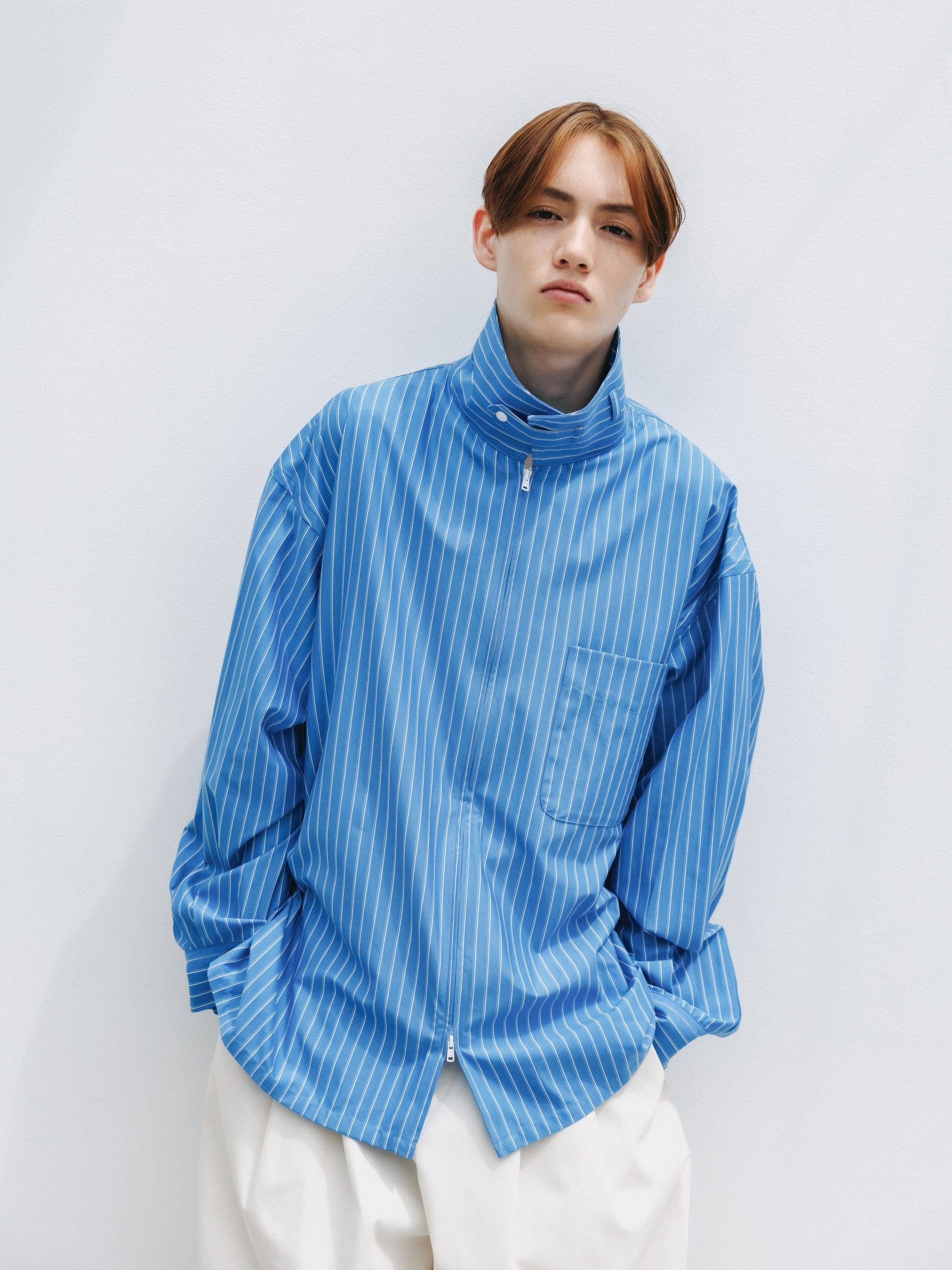 【5.30 SAT 20:00- IN STOCK】THICK/THIN STRIPE 46G KNIT EVERYDAY ZIP UP L/S SHIRT (SAX BLUE STRIPE)