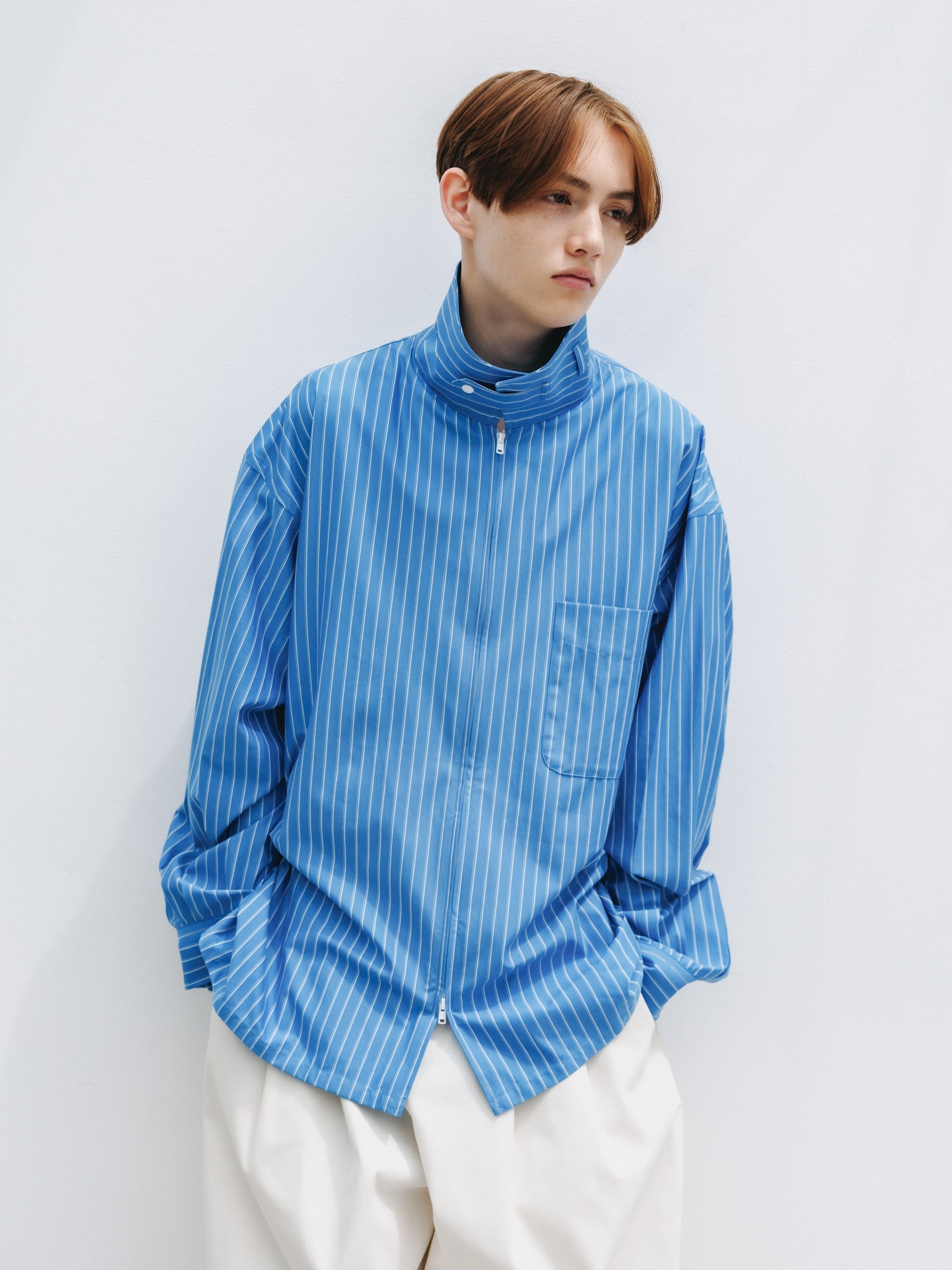 【5.30 SAT 20:00- IN STOCK】THICK/THIN STRIPE 46G KNIT EVERYDAY ZIP UP L/S SHIRT (SAX BLUE STRIPE)
