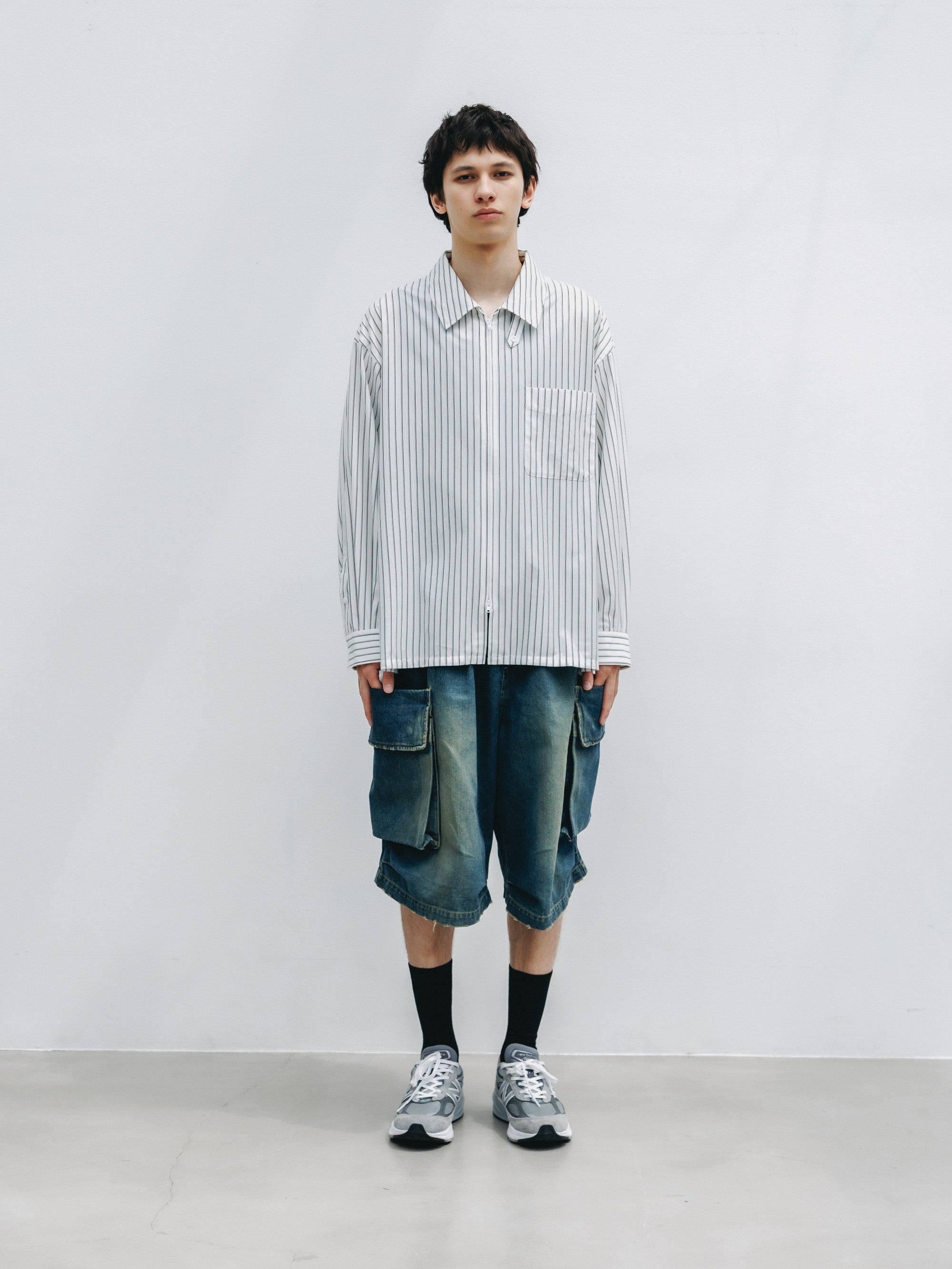 THICK/THIN STRIPE 46G KNIT EVERYDAY ZIP UP L/S SHIRT (WHITE STRIPE)