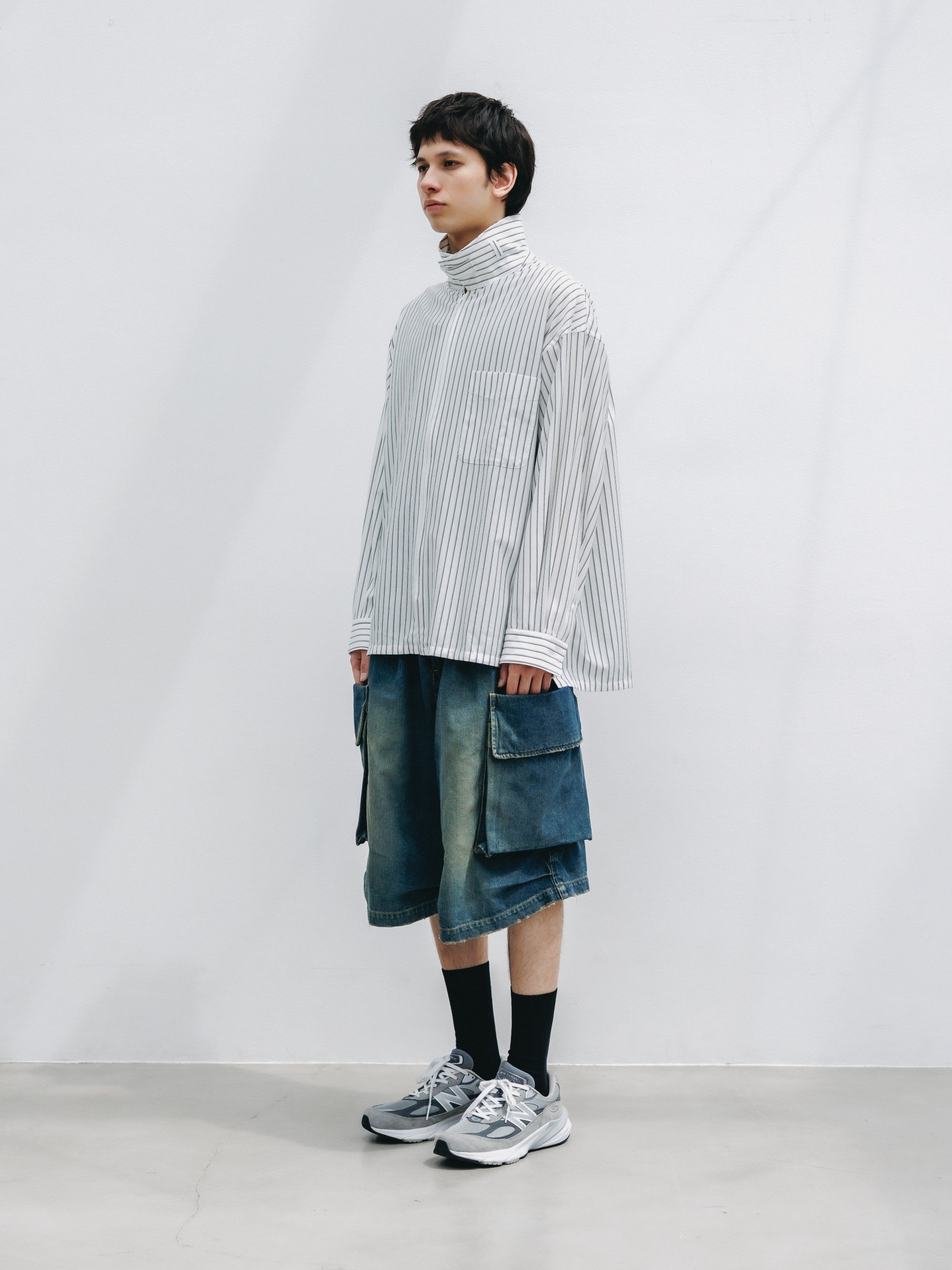 【5.30 SAT 20:00- IN STOCK】THICK/THIN STRIPE 46G KNIT EVERYDAY ZIP UP L/S SHIRT (WHITE STRIPE)