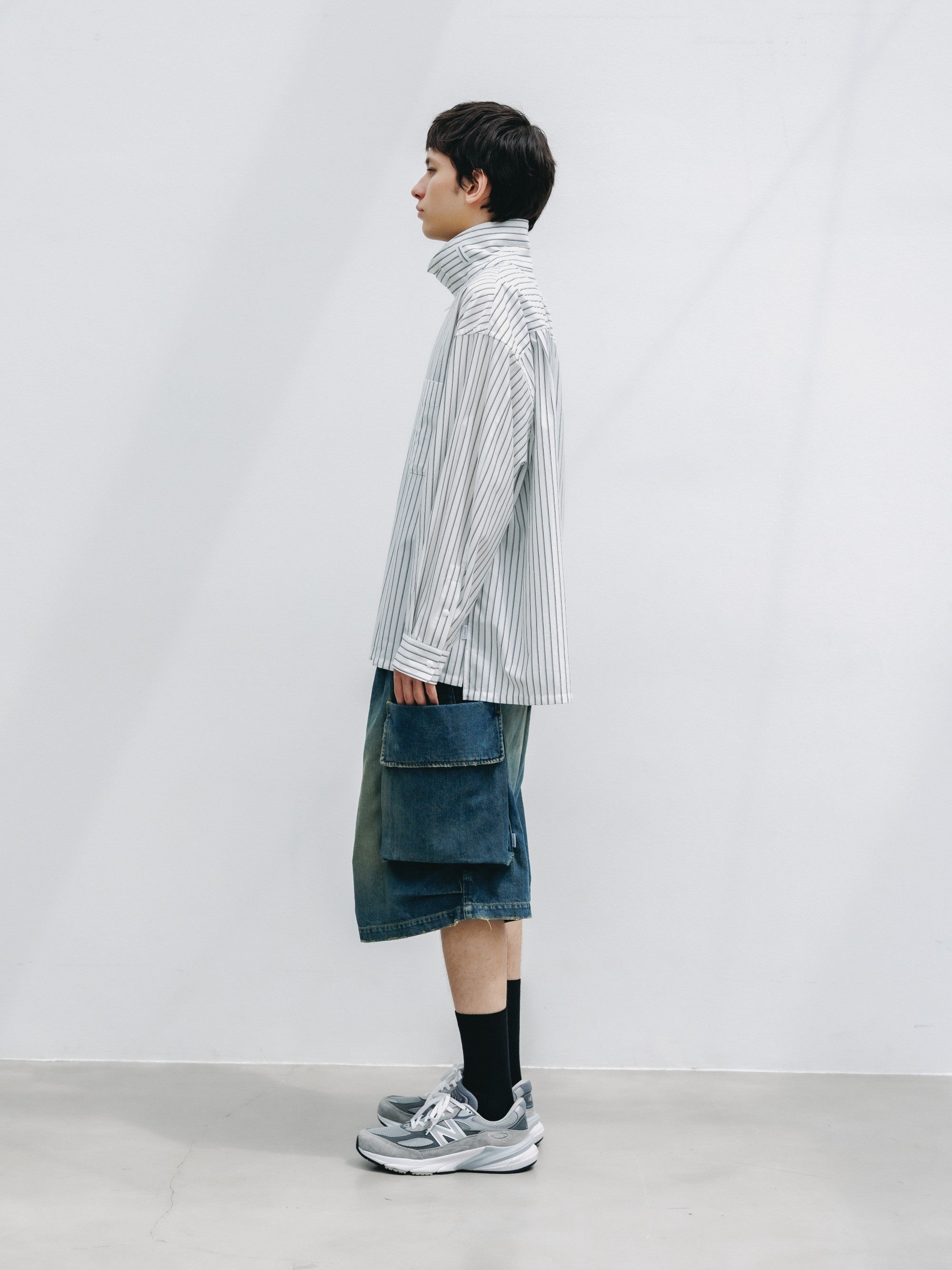 【5.30 SAT 20:00- IN STOCK】THICK/THIN STRIPE 46G KNIT EVERYDAY ZIP UP L/S SHIRT (WHITE STRIPE)