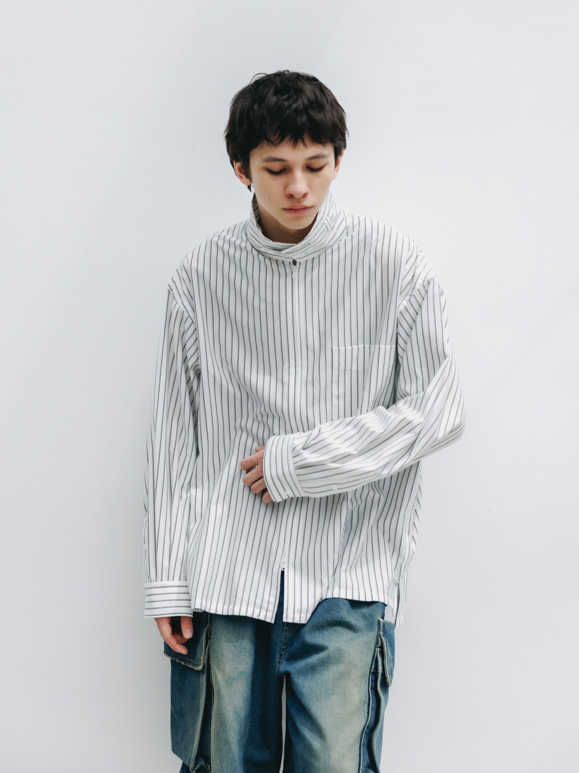 THICK/THIN STRIPE 46G KNIT EVERYDAY ZIP UP L/S SHIRT (WHITE STRIPE)