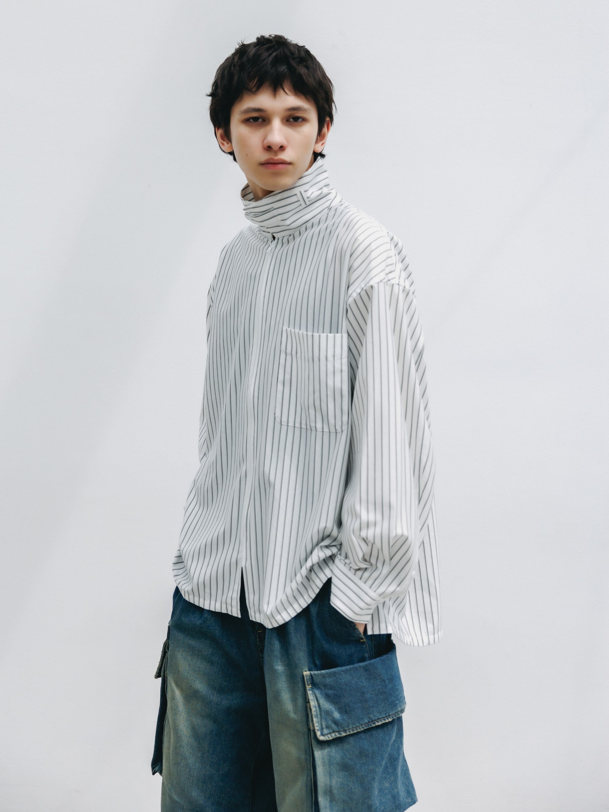 【5.30 SAT 20:00- IN STOCK】THICK/THIN STRIPE 46G KNIT EVERYDAY ZIP UP L/S SHIRT (WHITE STRIPE)