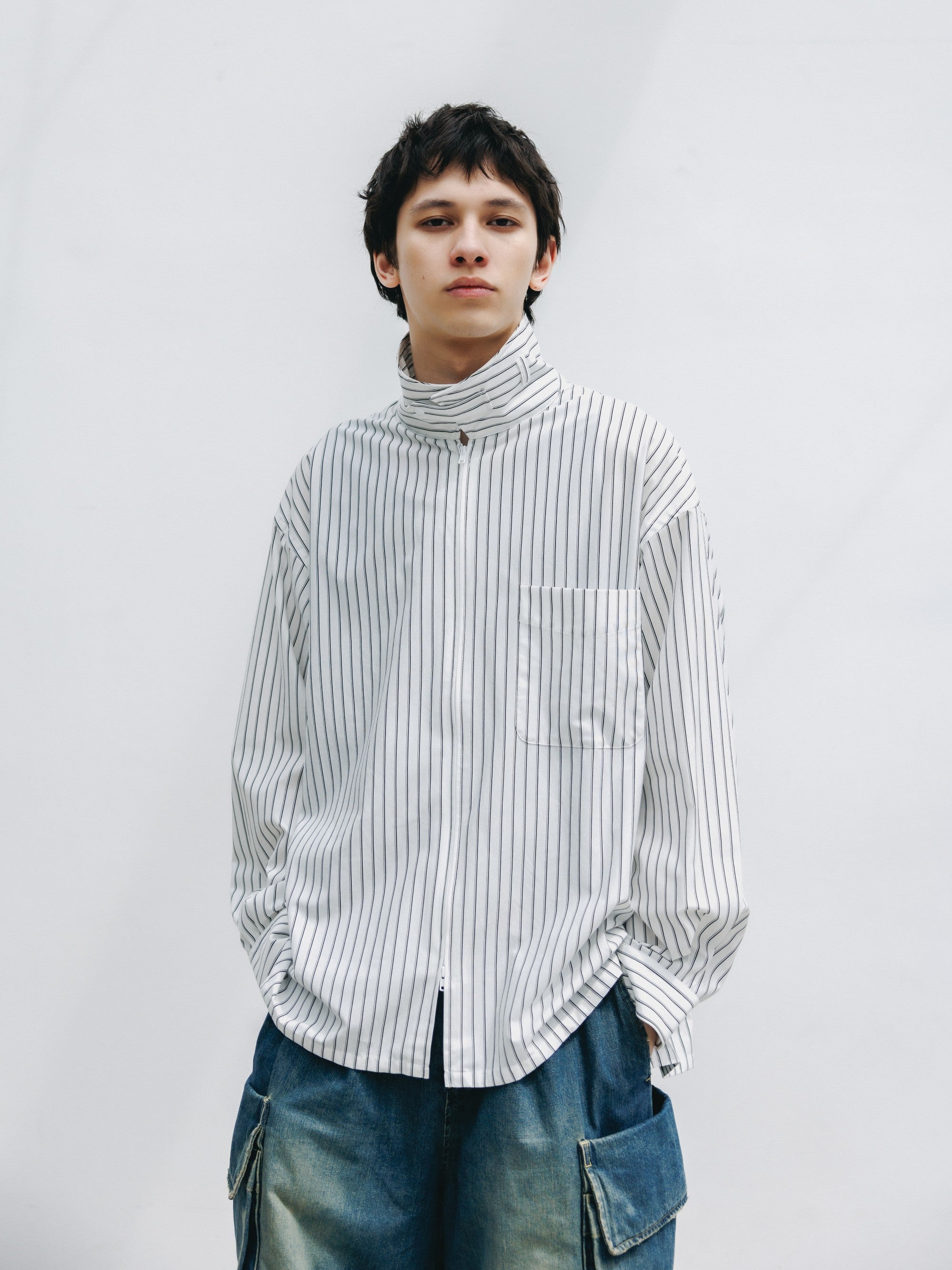 【5.30 SAT 20:00- IN STOCK】THICK/THIN STRIPE 46G KNIT EVERYDAY ZIP UP L/S SHIRT (WHITE STRIPE)