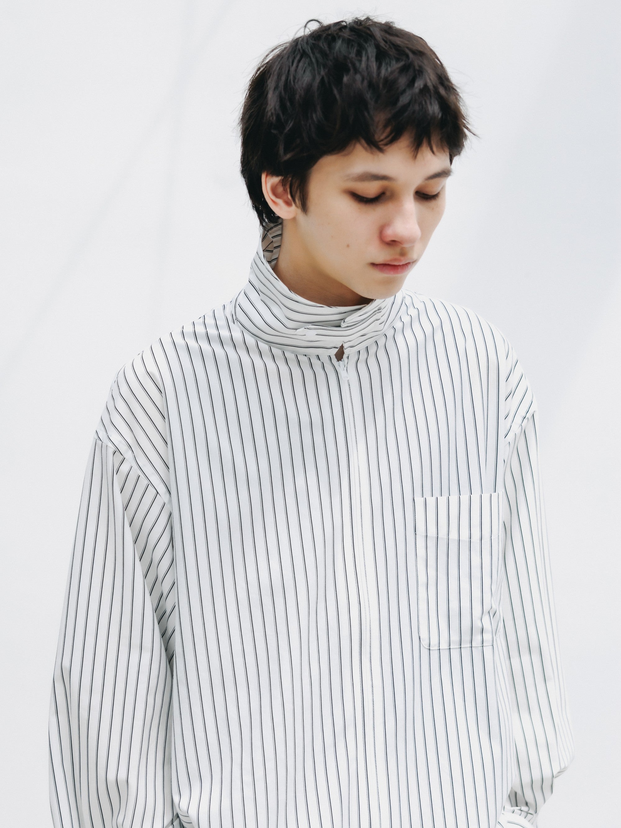 【5.30 SAT 20:00- IN STOCK】THICK/THIN STRIPE 46G KNIT EVERYDAY ZIP UP L/S SHIRT (WHITE STRIPE)