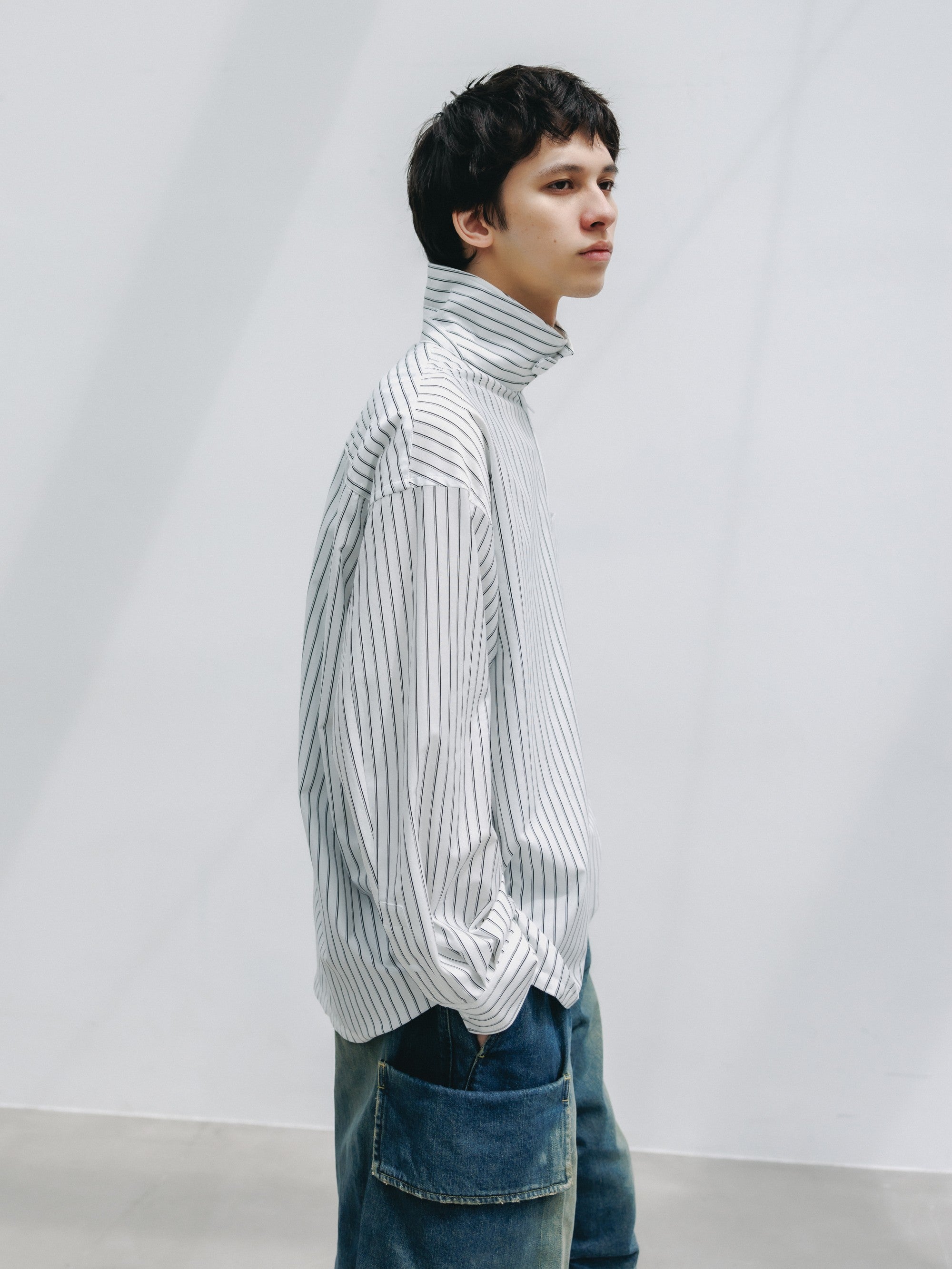 THICK/THIN STRIPE 46G KNIT EVERYDAY ZIP UP L/S SHIRT (WHITE STRIPE)