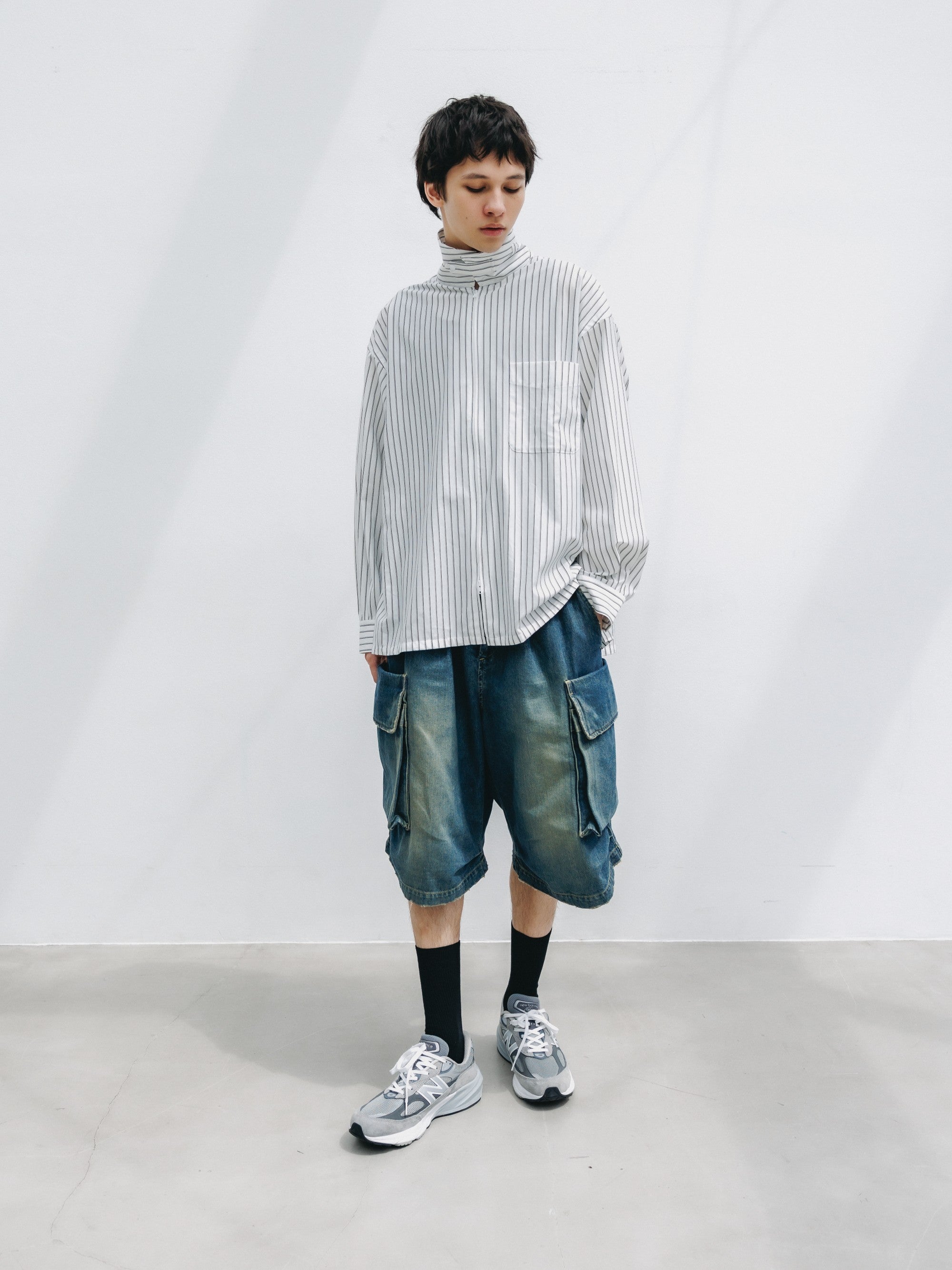 【5.30 SAT 20:00- IN STOCK】THICK/THIN STRIPE 46G KNIT EVERYDAY ZIP UP L/S SHIRT (WHITE STRIPE)