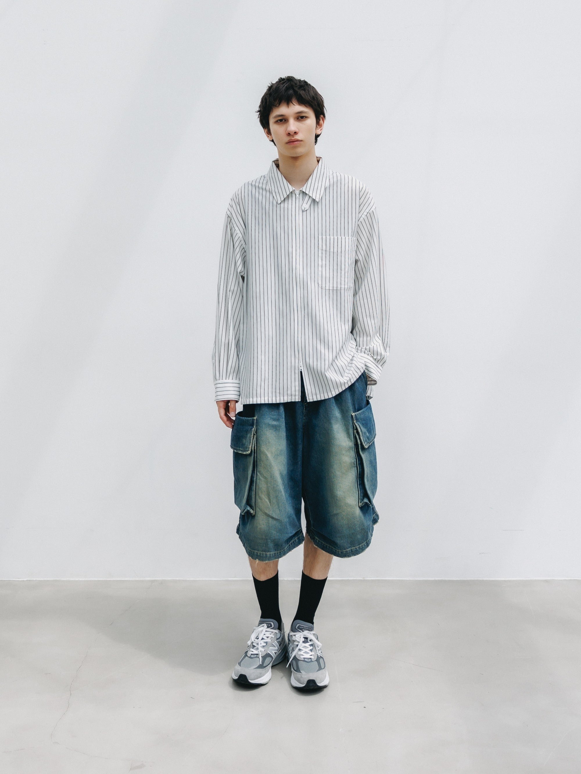 【5.30 SAT 20:00- IN STOCK】THICK/THIN STRIPE 46G KNIT EVERYDAY ZIP UP L/S SHIRT (WHITE STRIPE)