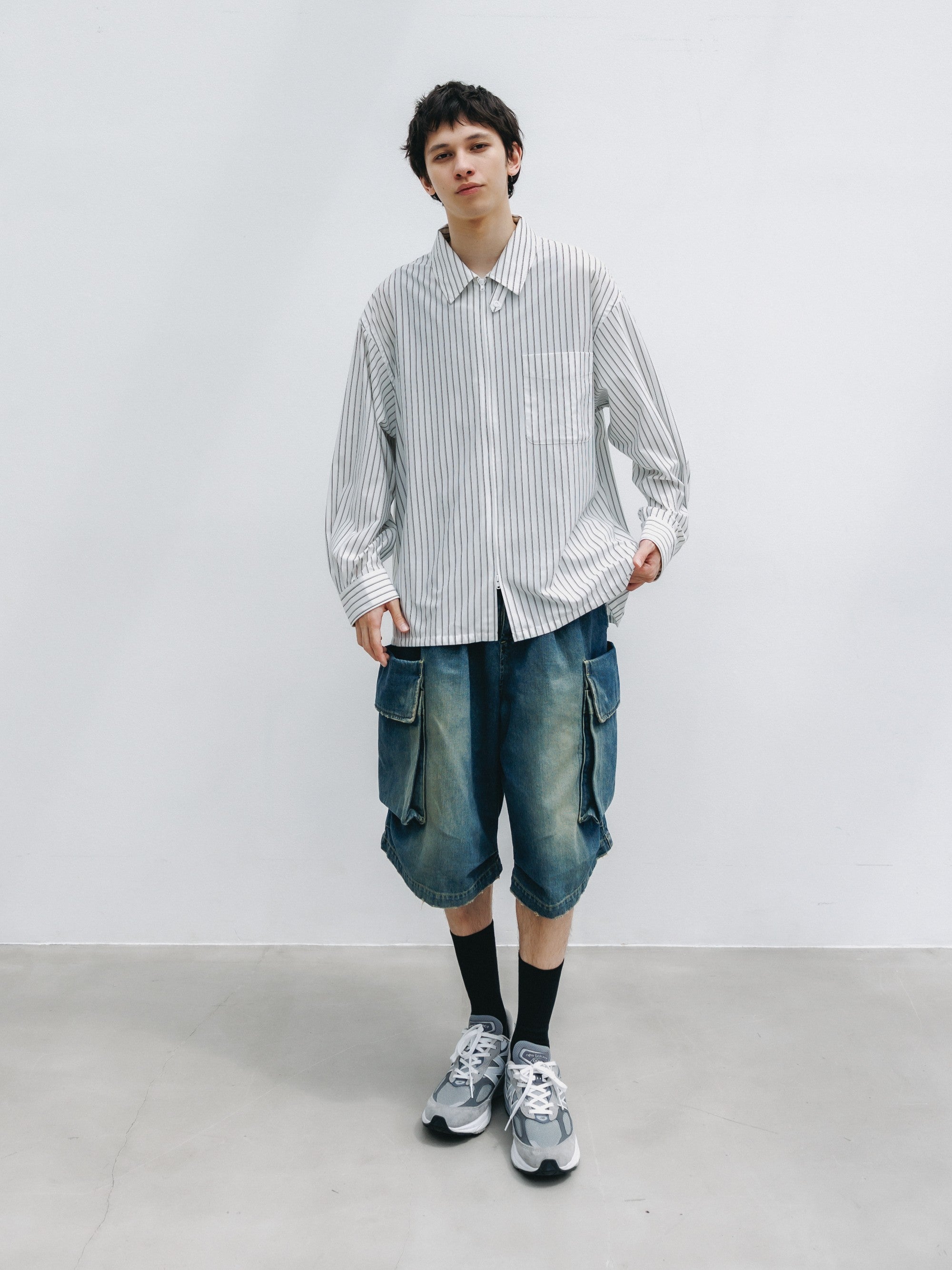 【5.30 SAT 20:00- IN STOCK】THICK/THIN STRIPE 46G KNIT EVERYDAY ZIP UP L/S SHIRT (WHITE STRIPE)