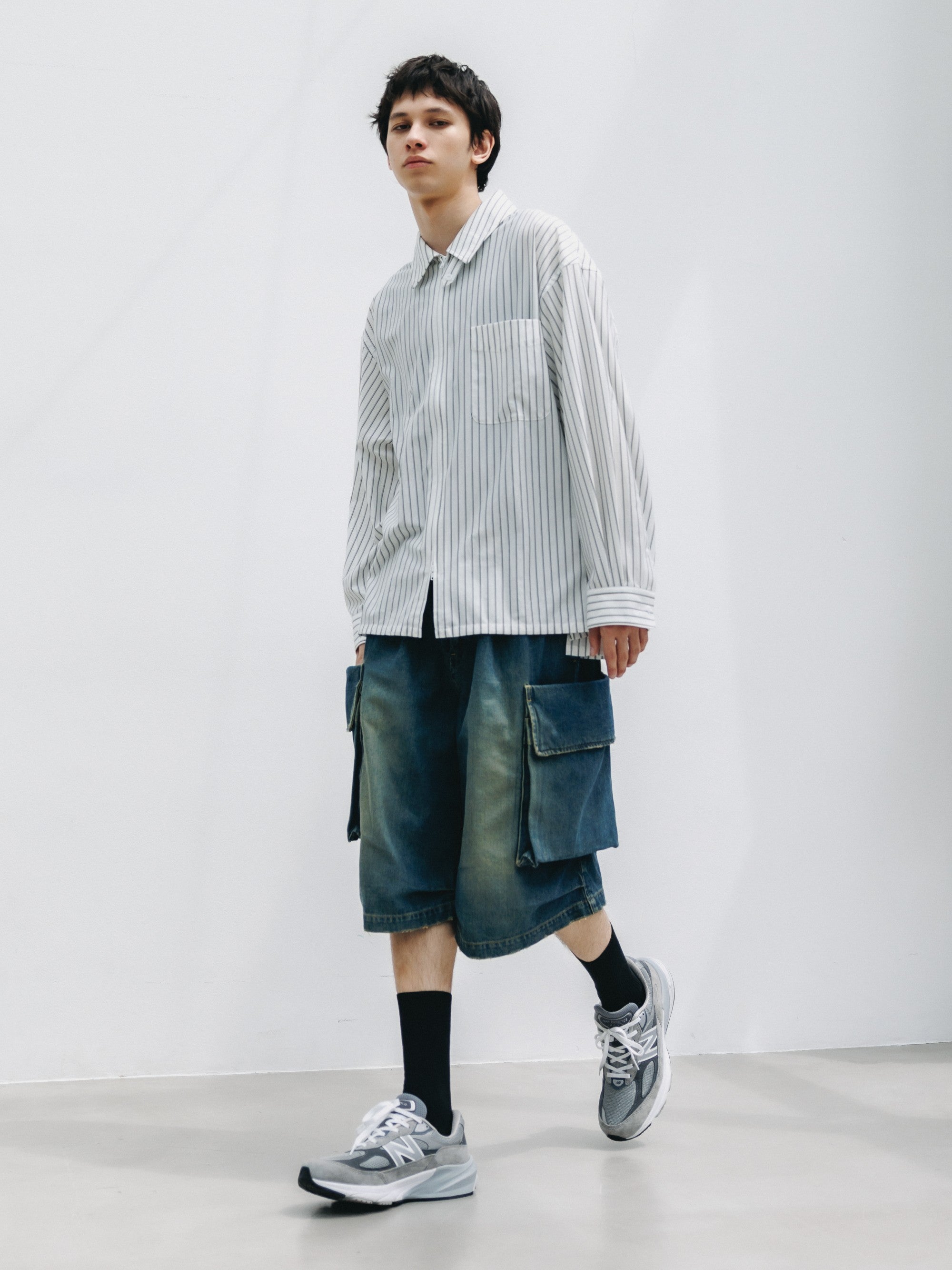 【5.30 SAT 20:00- IN STOCK】THICK/THIN STRIPE 46G KNIT EVERYDAY ZIP UP L/S SHIRT (WHITE STRIPE)