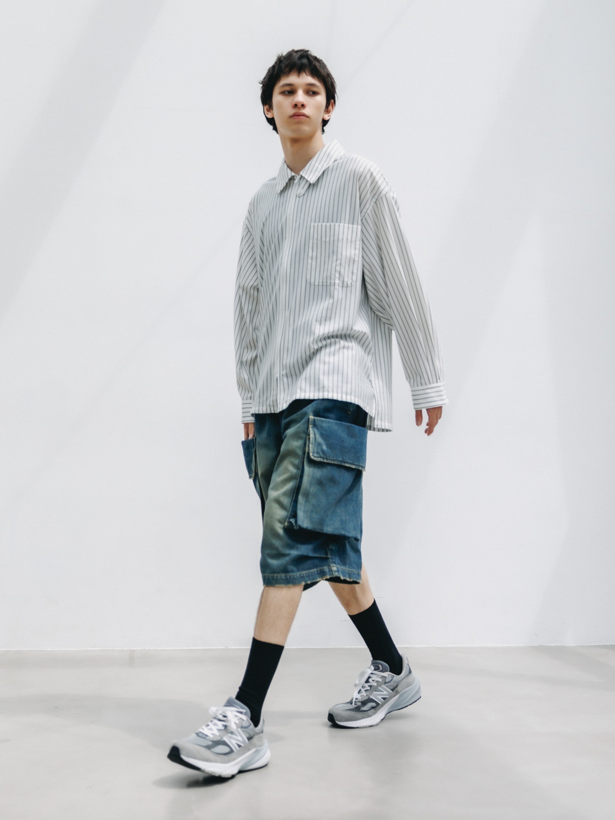 【5.30 SAT 20:00- IN STOCK】THICK/THIN STRIPE 46G KNIT EVERYDAY ZIP UP L/S SHIRT (WHITE STRIPE)