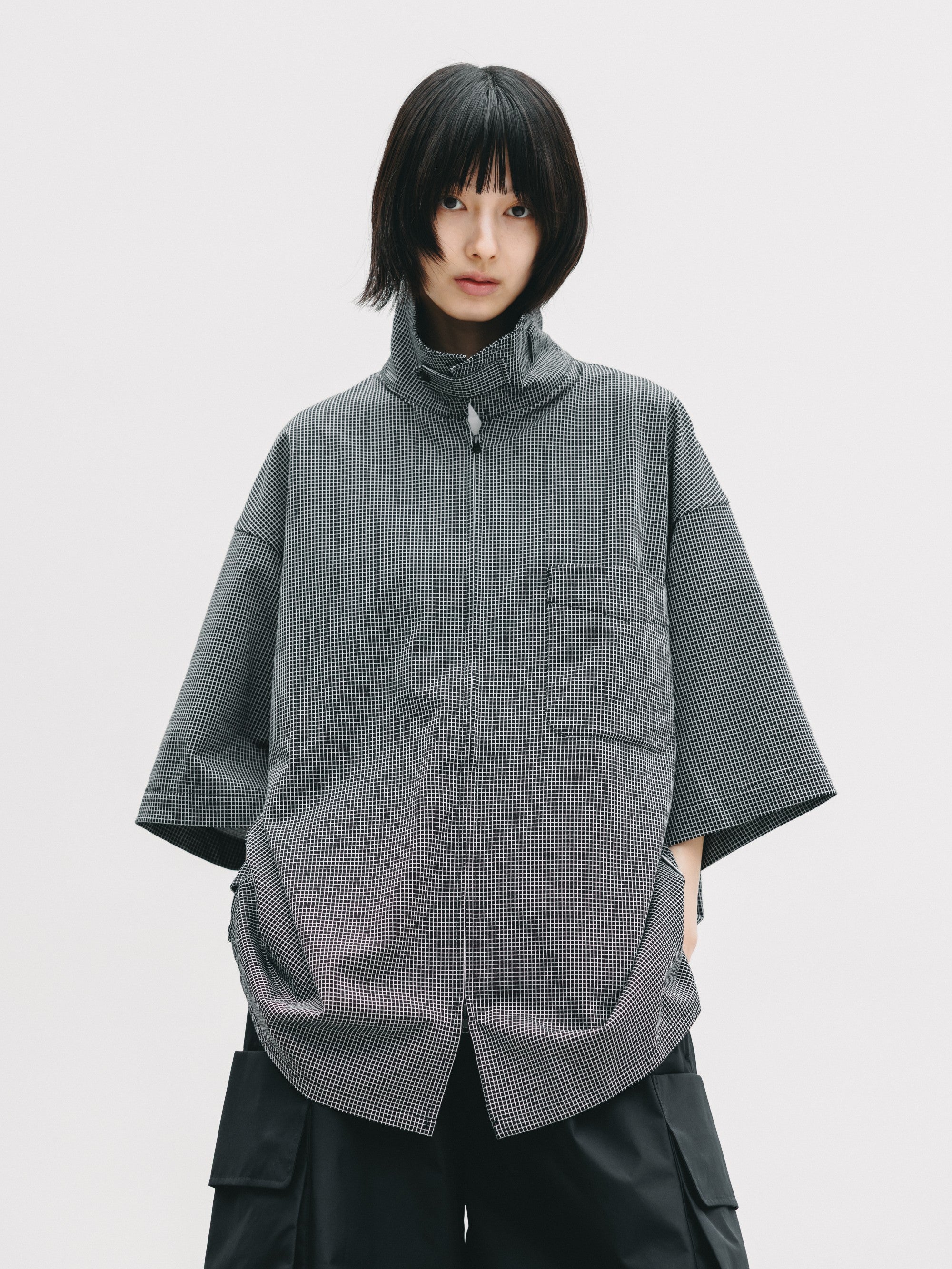 MINI GRID CHECK 36G KNIT EVERYDAY ZIP UP S/S SHIRT (BLACK×WHITE)