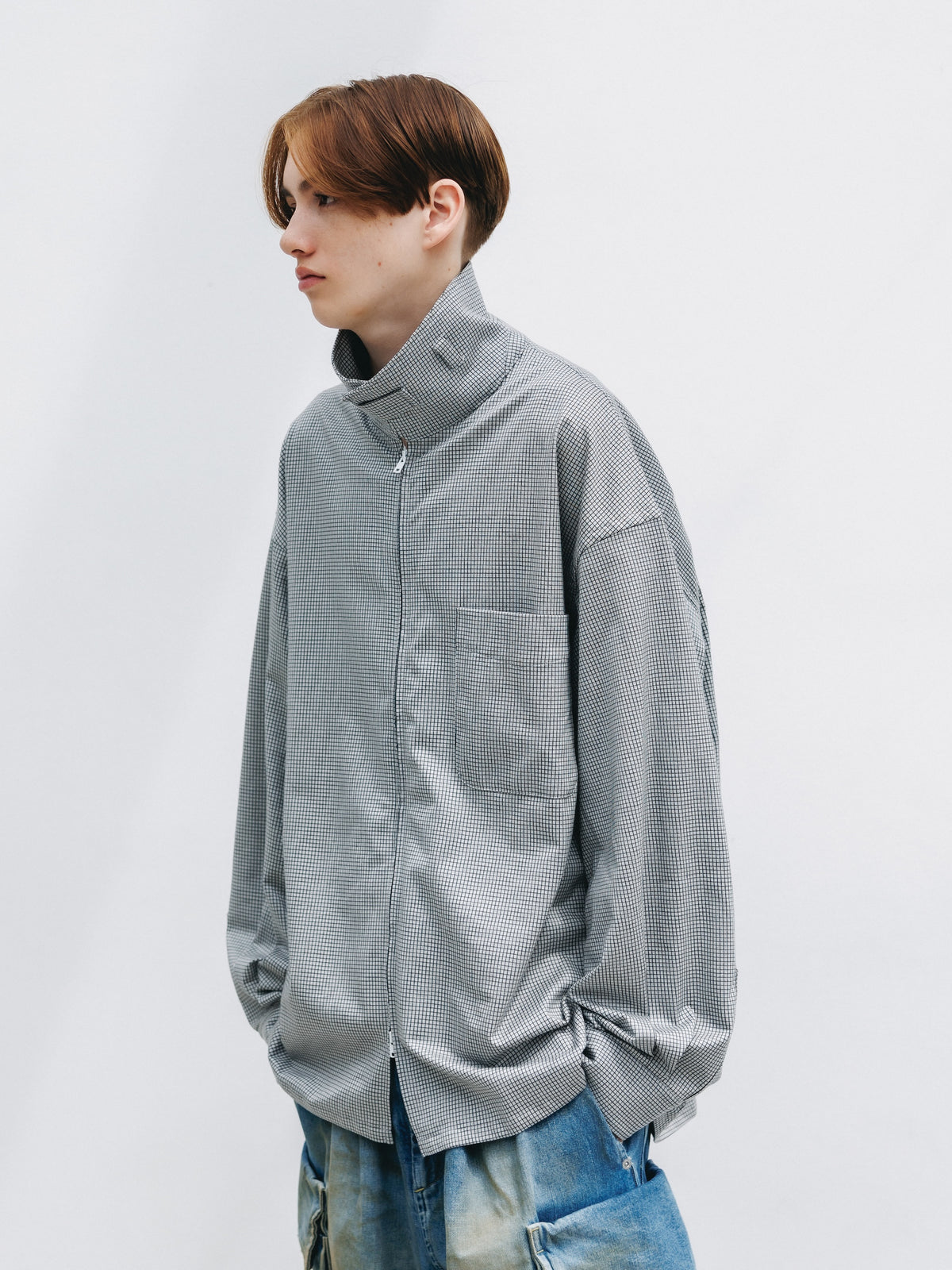 【10.24 SAT 20:00- IN STOCK】 MINI GRID CHECK 36G KNIT EVERYDAY ZIP UP L/S SHIRT (WHITE×BLACK)