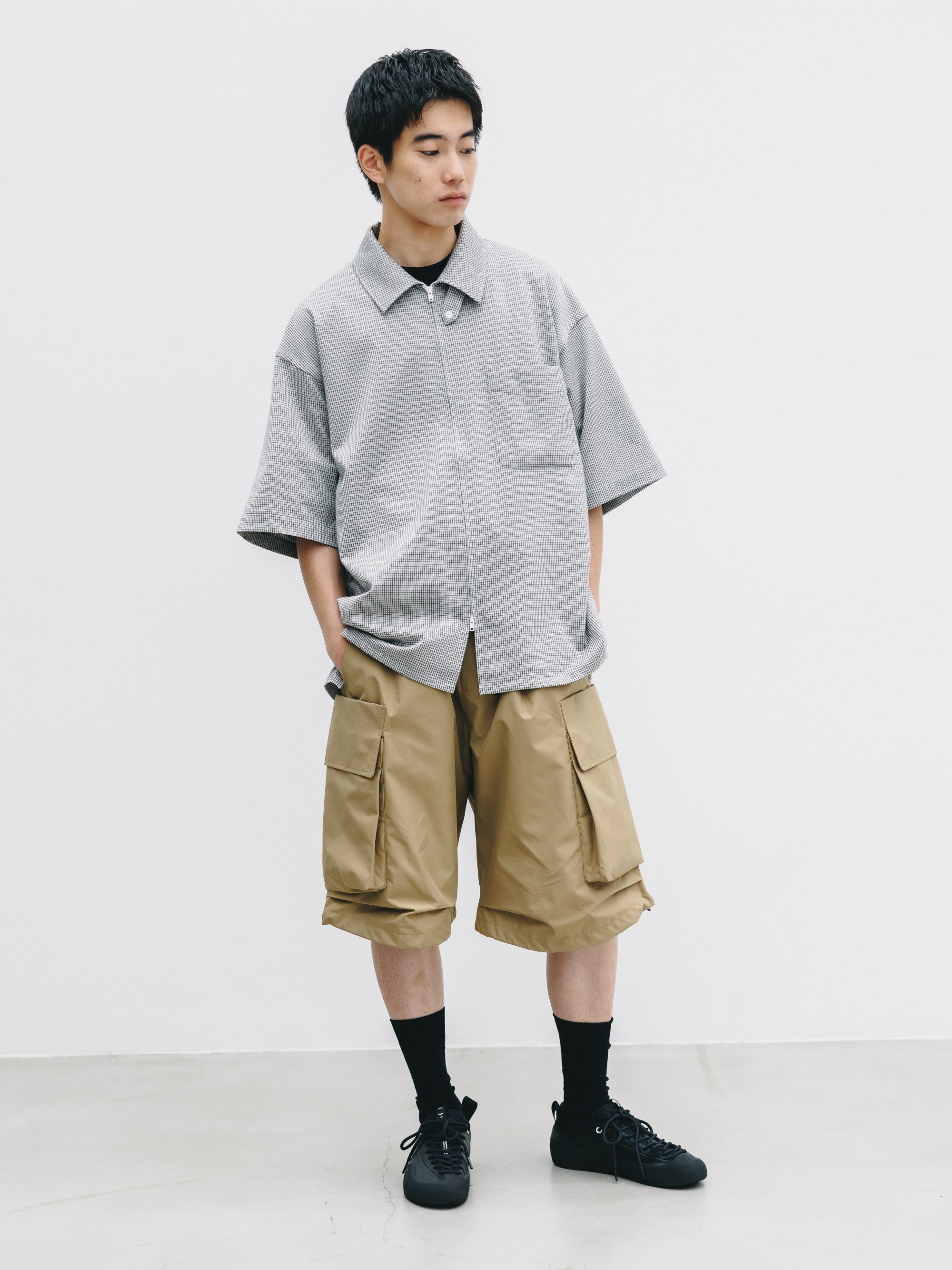 MINI GRID CHECK 36G KNIT EVERYDAY ZIP UP S/S SHIRT (WHITE×BLACK)