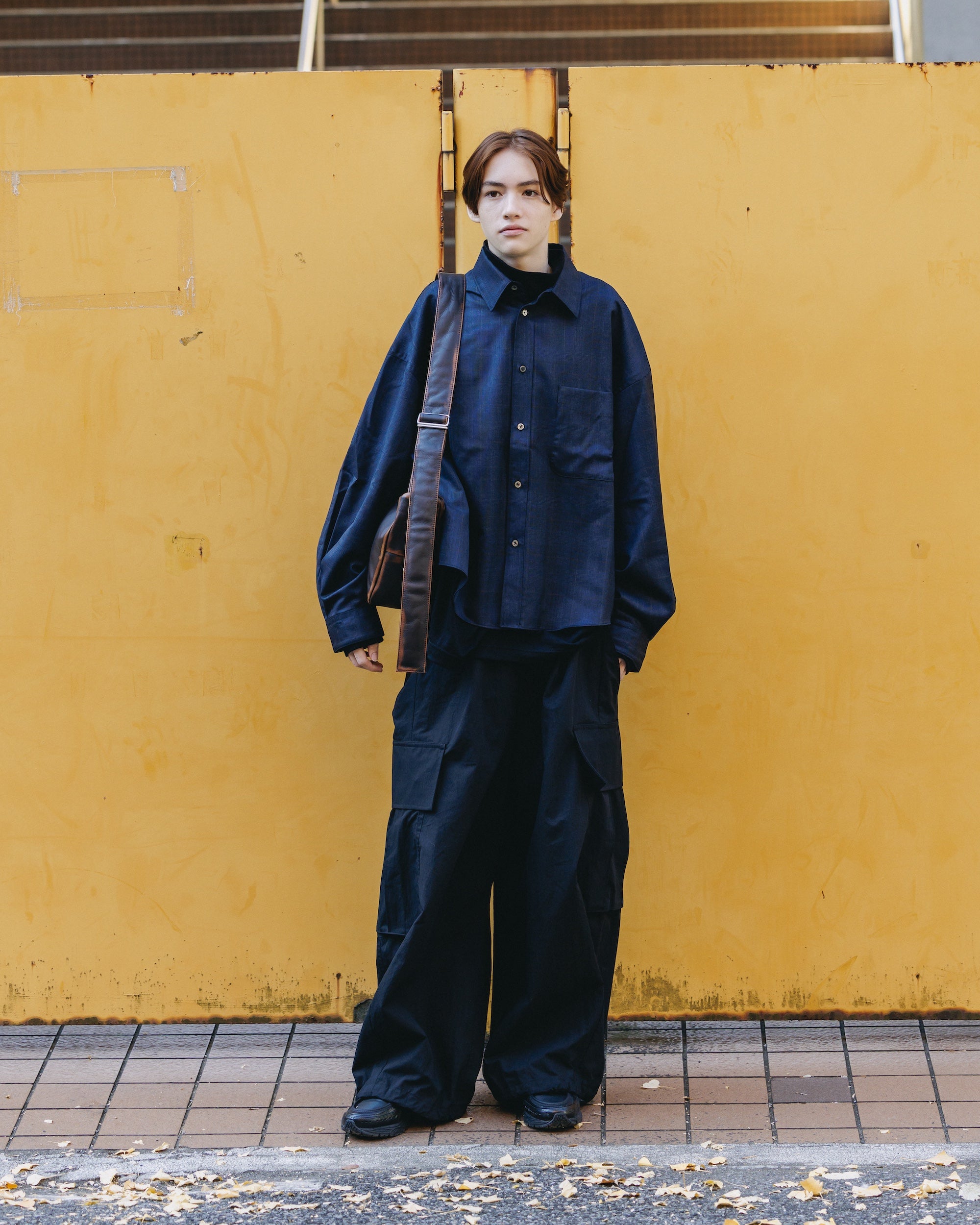 LIGHT WOOL CROPPED LENGTH EVERYDAY L/S SHIRT (GLEN CHECK(NAVY))