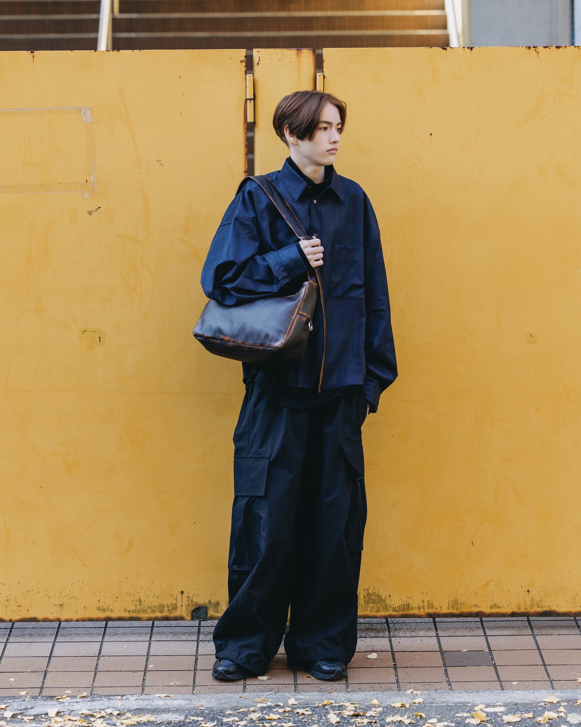 LIGHT WOOL CROPPED LENGTH EVERYDAY L/S SHIRT (GLEN CHECK(NAVY))