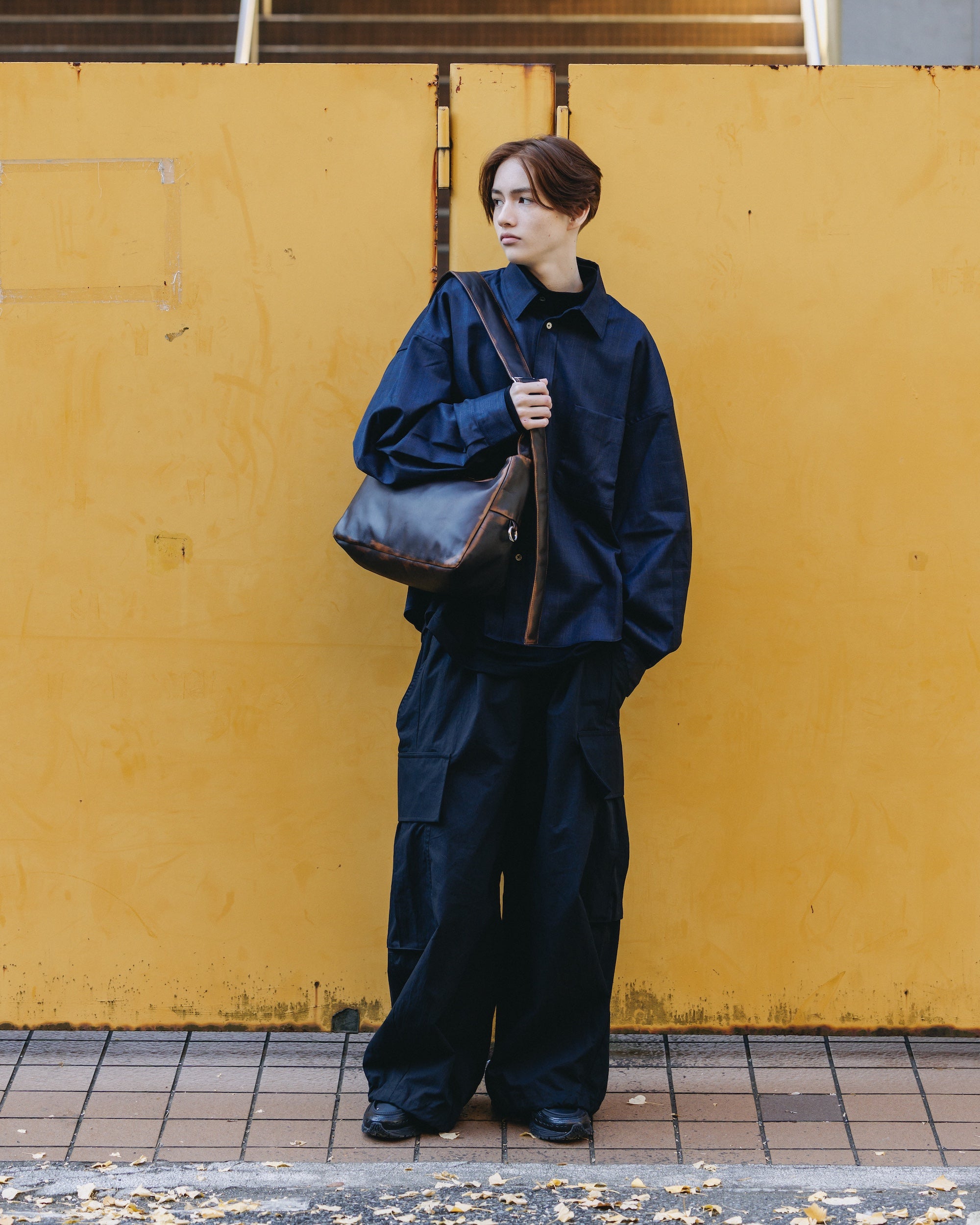 LIGHT WOOL CROPPED LENGTH EVERYDAY L/S SHIRT (GLEN CHECK(NAVY))