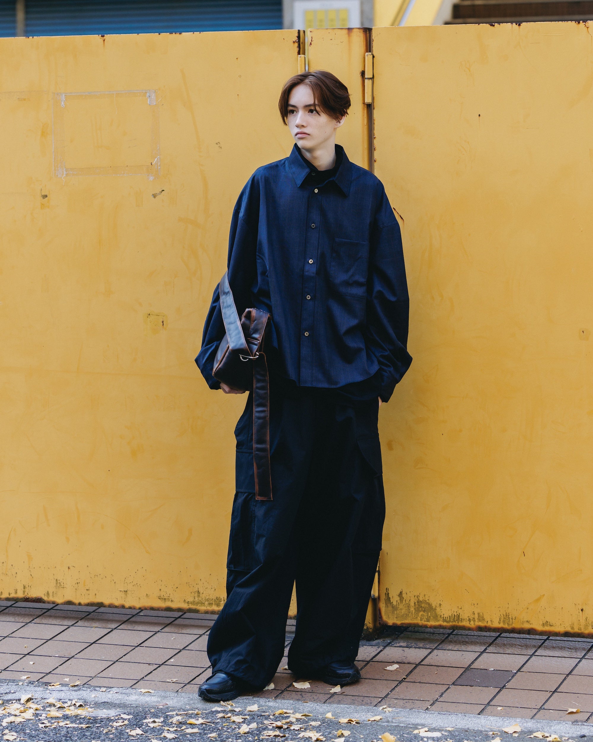 LIGHT WOOL CROPPED LENGTH EVERYDAY L/S SHIRT (GLEN CHECK(NAVY))