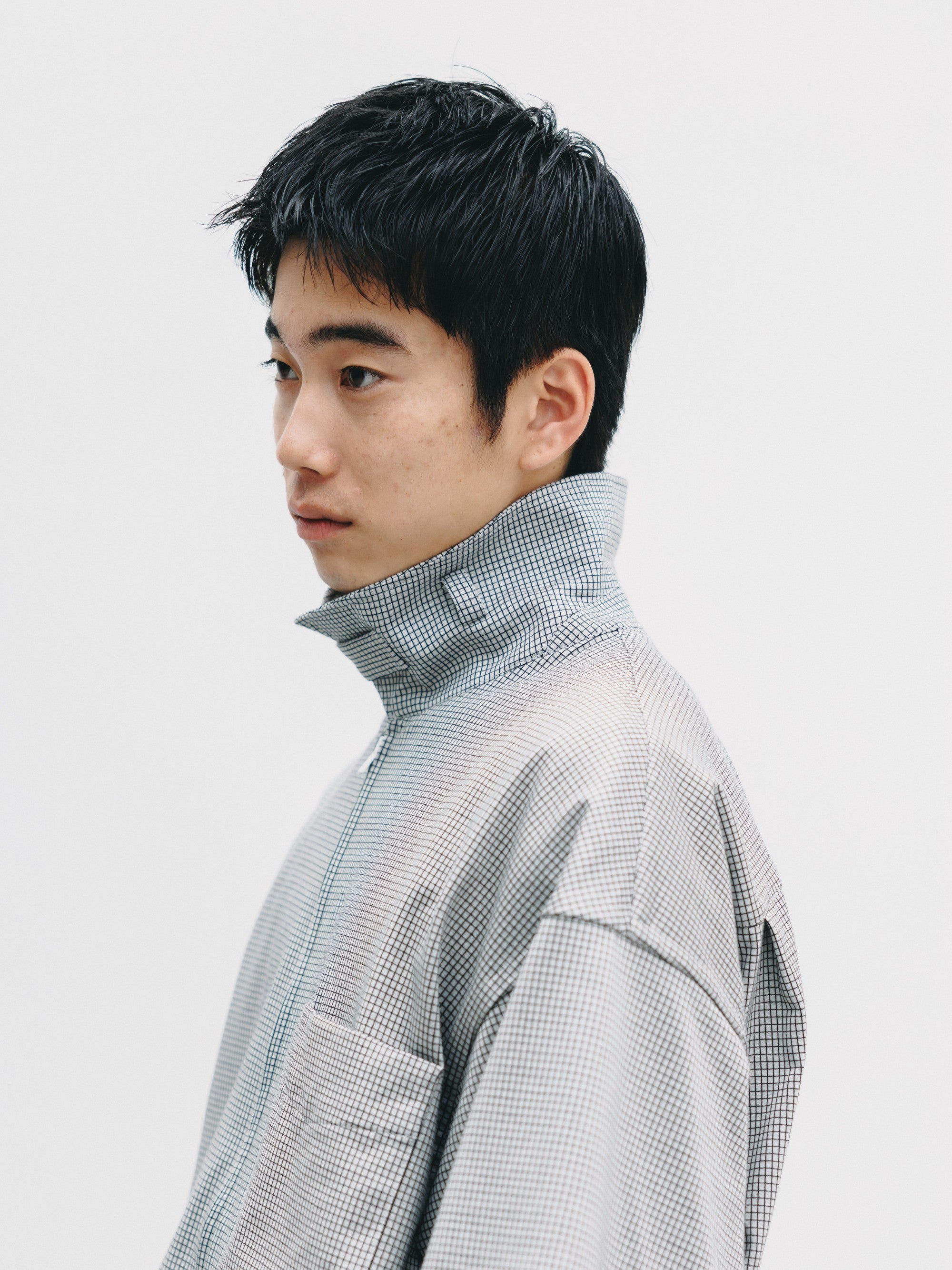 【7.8 WED 20:00- IN STOCK】MINI GRID CHECK 36G KNIT EVERYDAY ZIP UP S/S SHIRT (WHITE×BLACK)