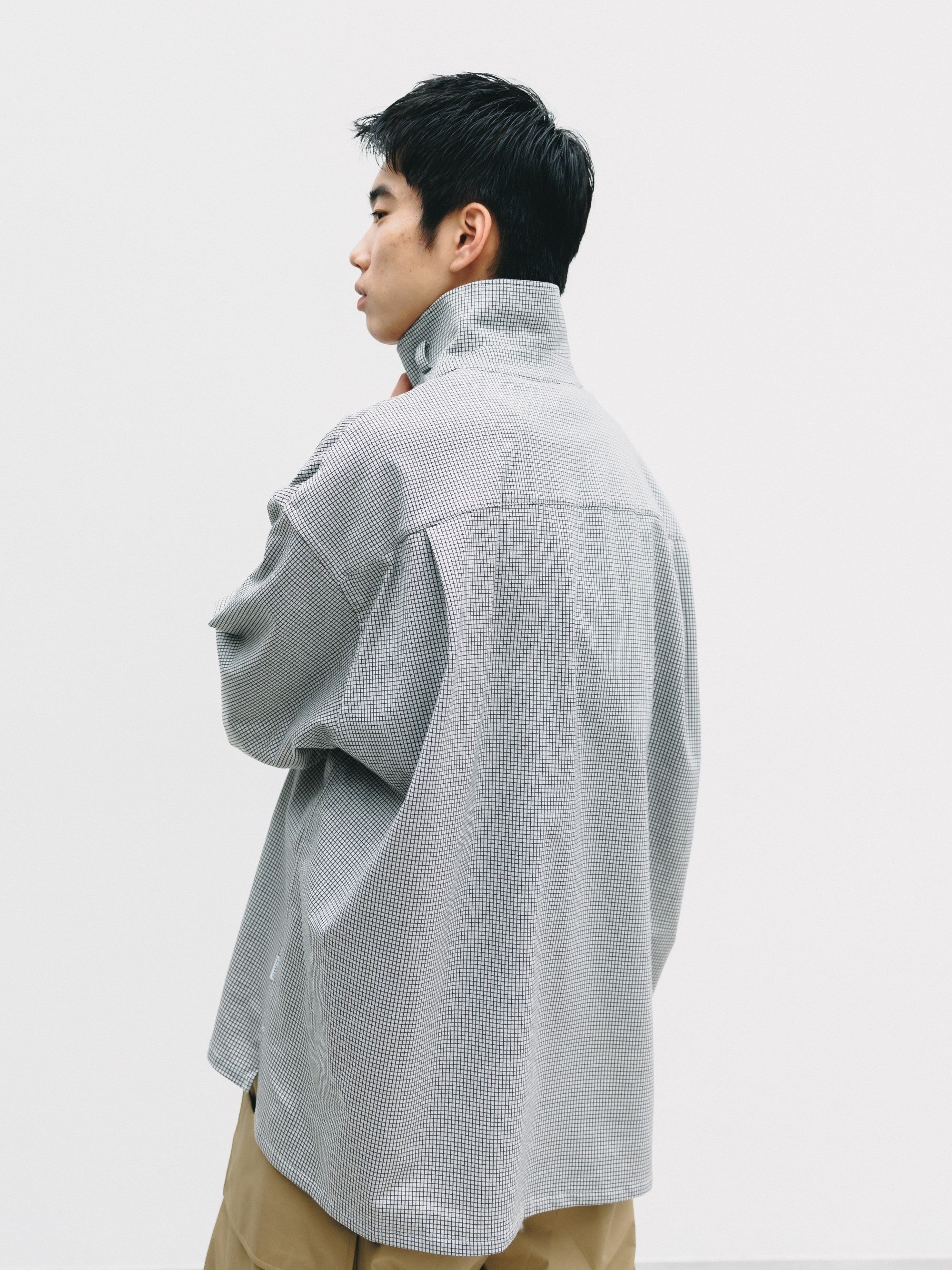 【7.8 WED 20:00- IN STOCK】MINI GRID CHECK 36G KNIT EVERYDAY ZIP UP S/S SHIRT (WHITE×BLACK)