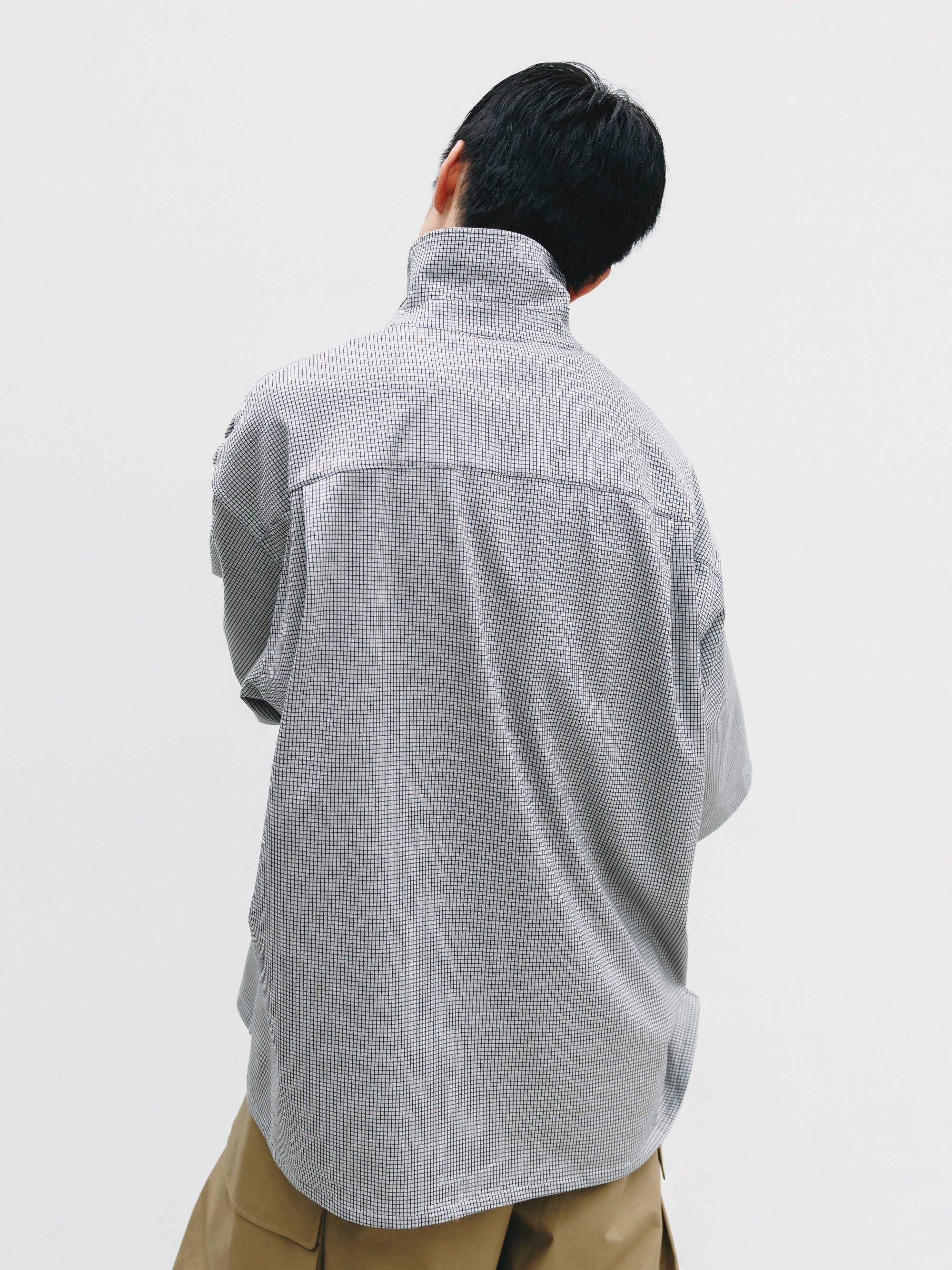 【7.8 WED 20:00- IN STOCK】MINI GRID CHECK 36G KNIT EVERYDAY ZIP UP S/S SHIRT (WHITE×BLACK)