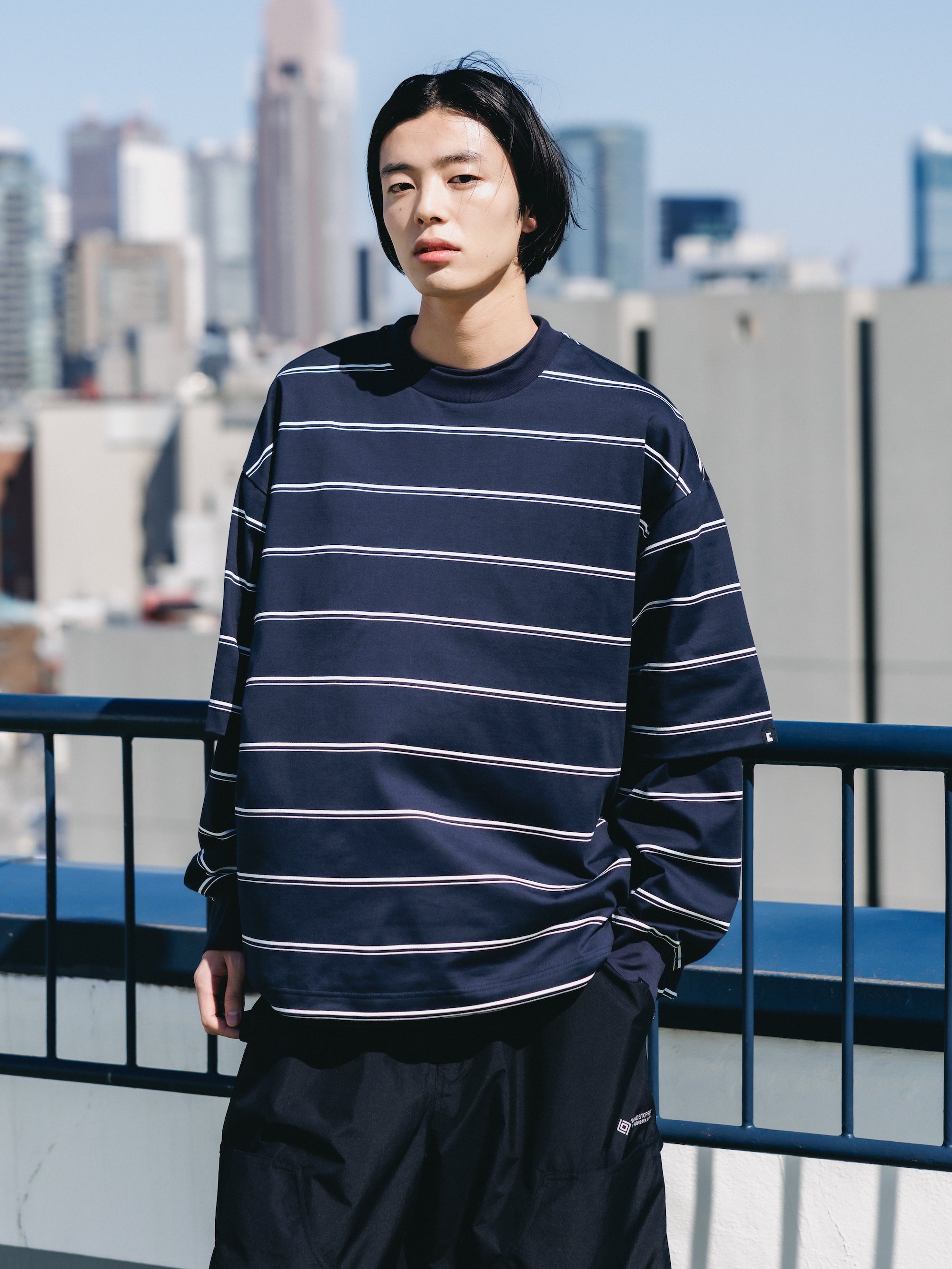 THICK THIN STRIPE S/S T-SHIRT WITH DRAWSTRINGS (NAVY)