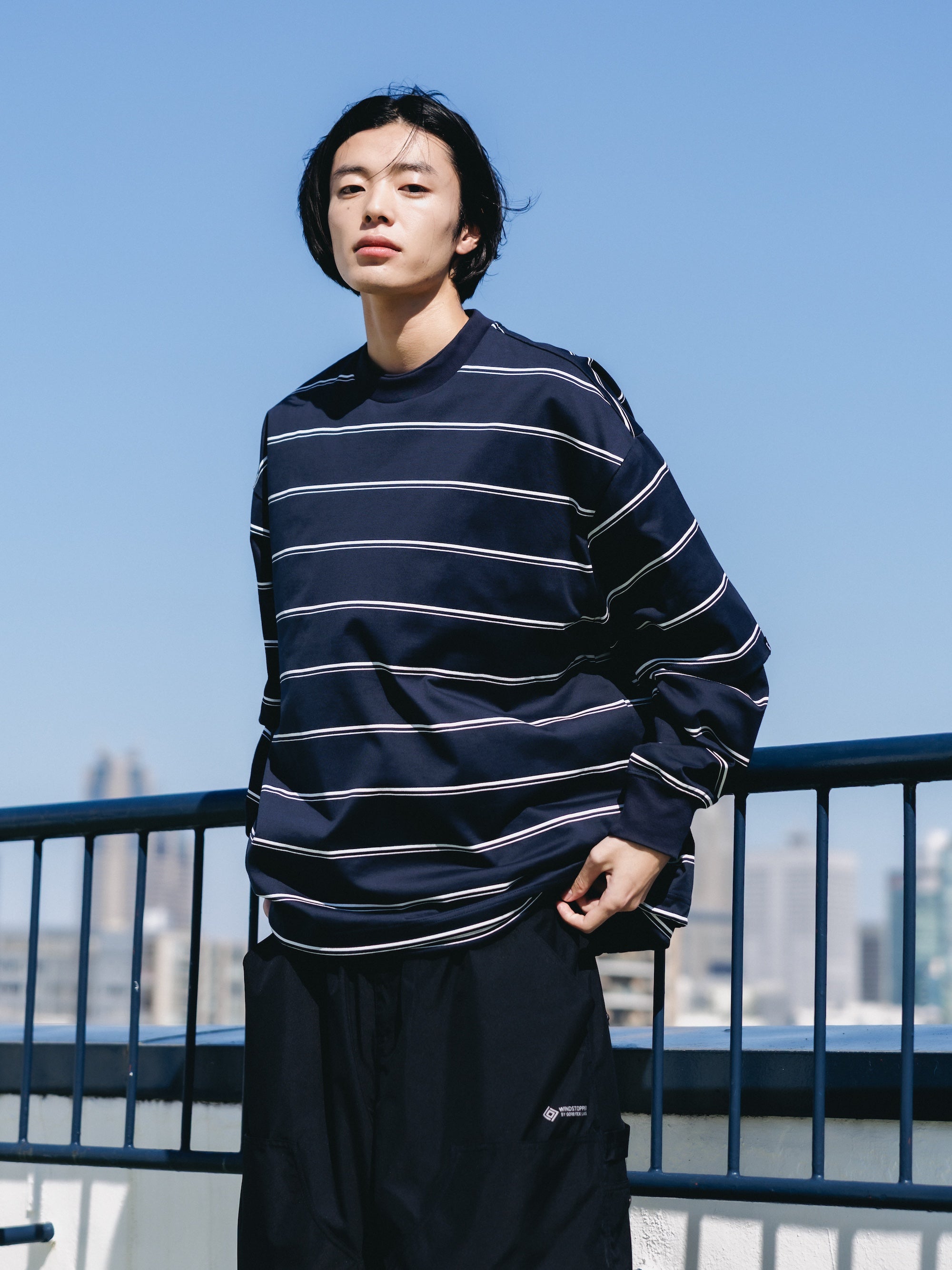 THICK THIN STRIPE L/S T-SHIRT WITH DRAWSTRINGS (NAVY)