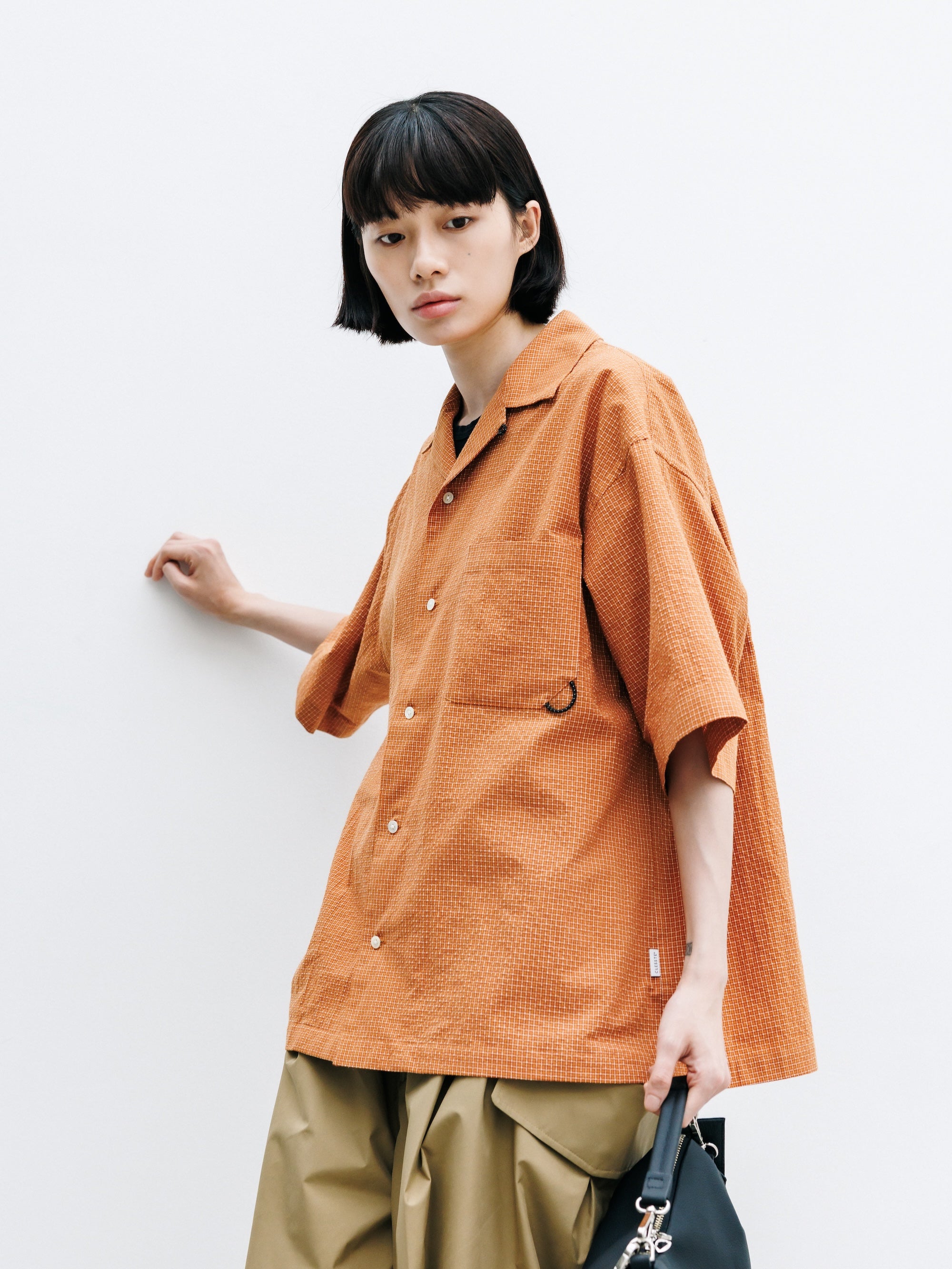 7.25 SAT 20:00- IN STOCK】MINI CHECK OPEN COLLAR S/S SHIRT (TERRACOTTA