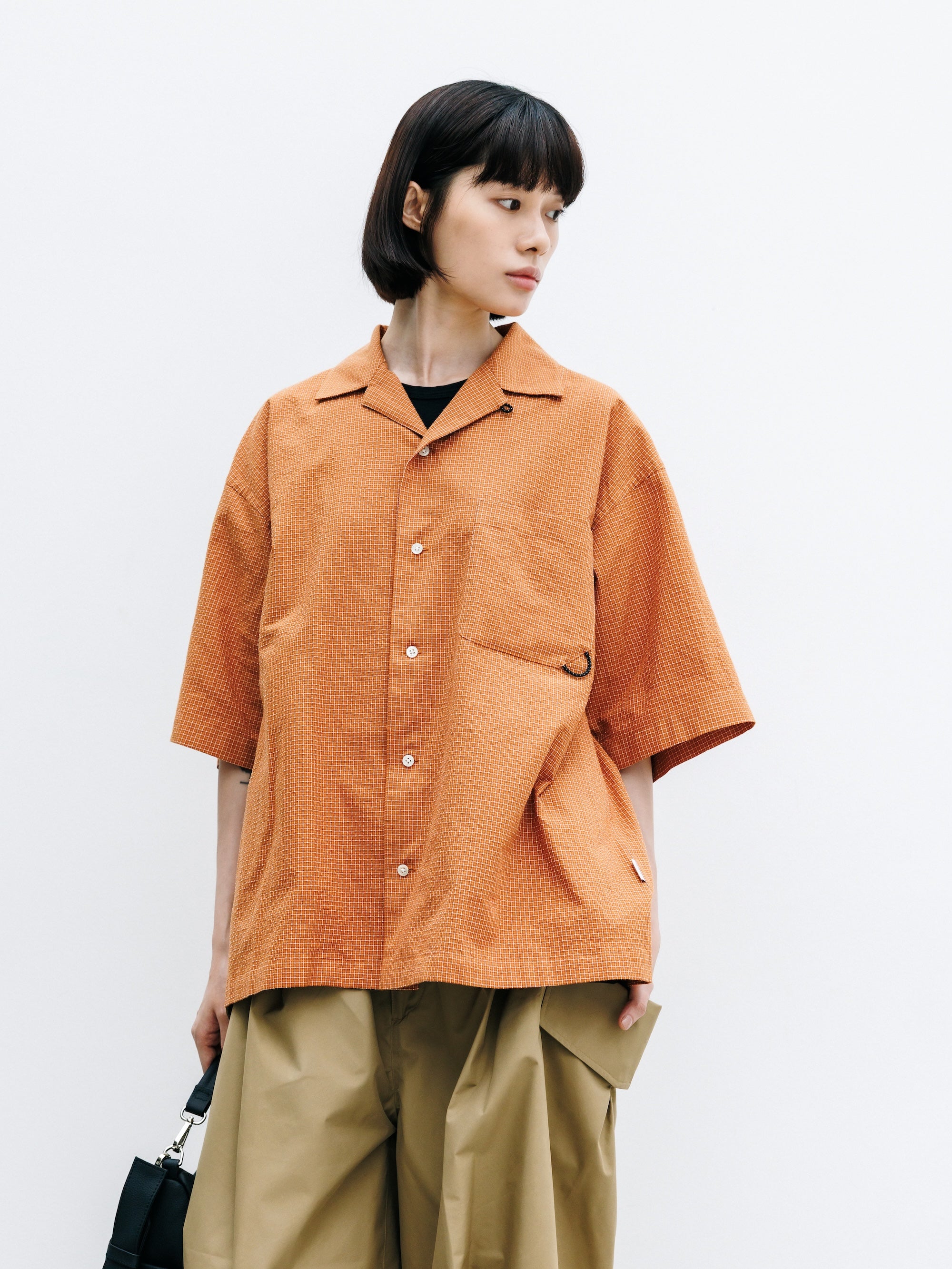 7.25 SAT 20:00- IN STOCK】MINI CHECK OPEN COLLAR S/S SHIRT (TERRACOTTA
