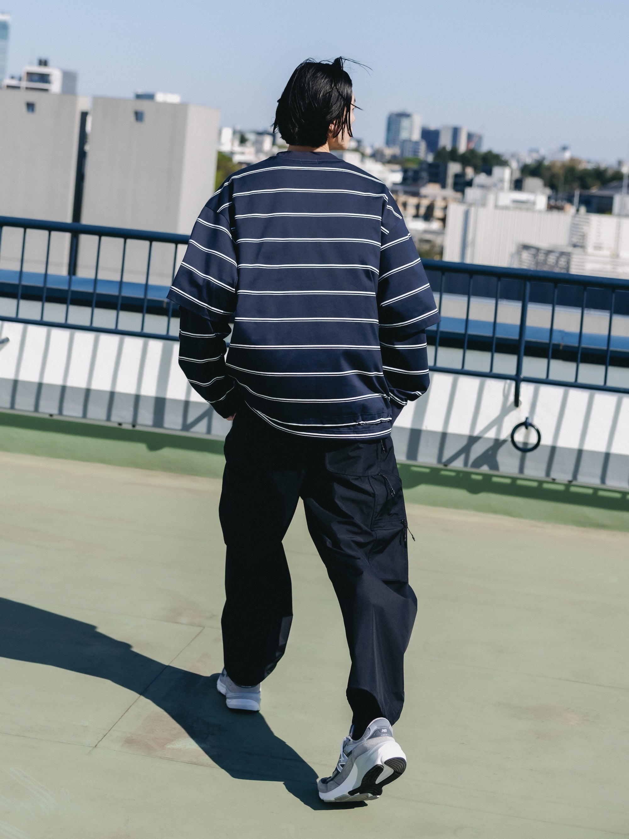 THICK THIN STRIPE S/S T-SHIRT WITH DRAWSTRINGS (NAVY)