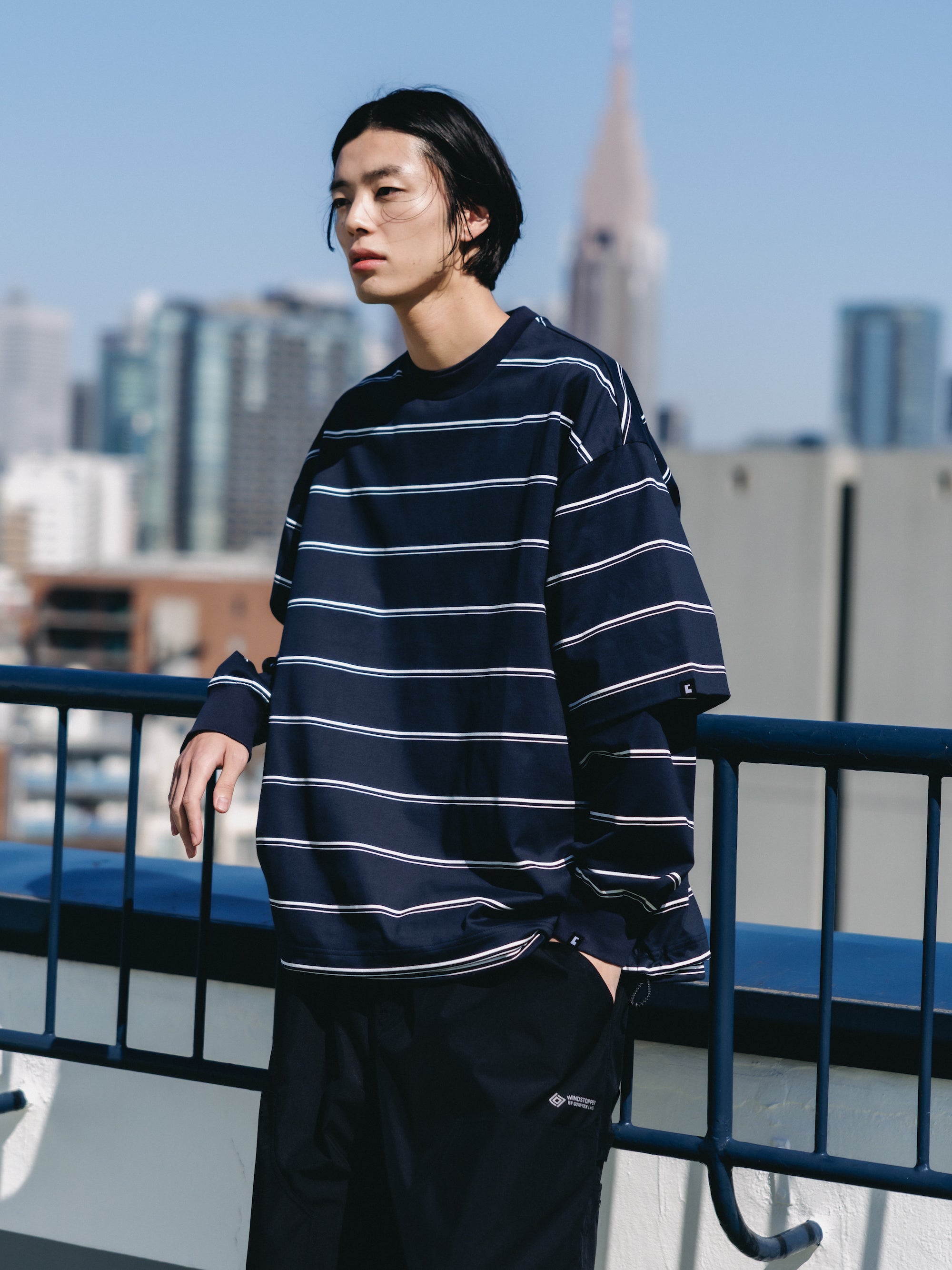 THICK THIN STRIPE S/S T-SHIRT WITH DRAWSTRINGS (NAVY)