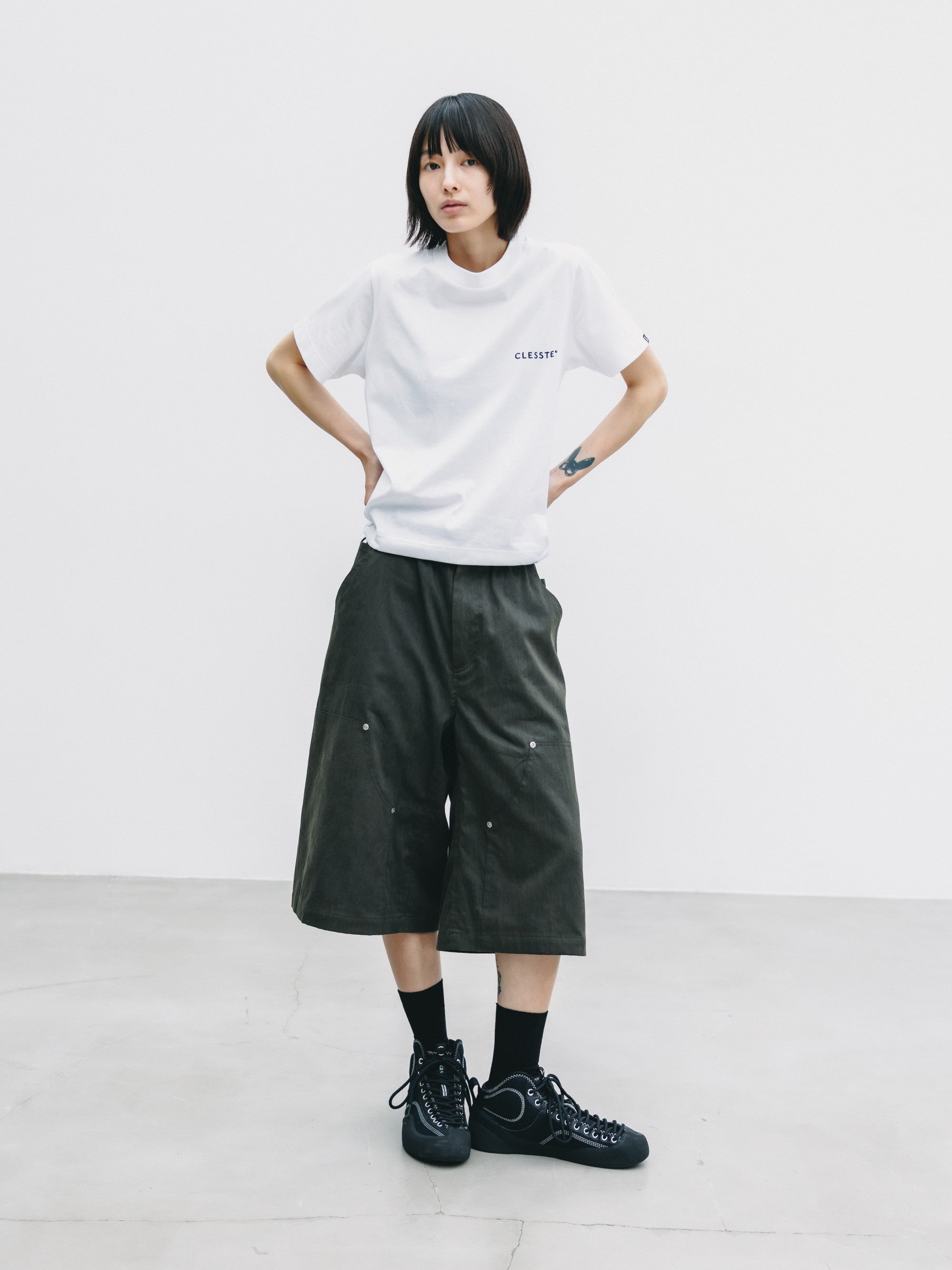 【7.4 SAT 20:00- IN STOCK】VINTAGE EFFECT DOUBLE KNEE WORKER BAGGY HALF PANTS (BLACK)